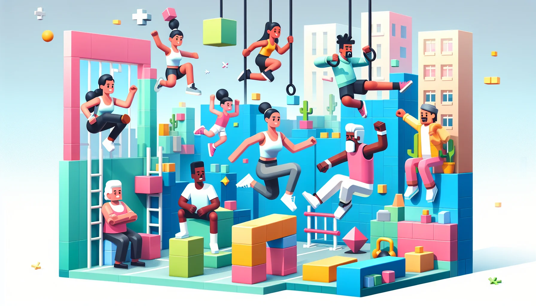 Create a light-hearted and enticing image depicting an imaginative parkour scene set inside a block-style virtual environment, similar to popular game-building platforms. Show a diverse assortment of characters including a Caucasian woman, Black man, Hispanic child and South Asian senior all performing parkour stunts. Their poses should be humorous yet also display their athletic abilities. Include various exercise equipment and indications of movement for dynamic effect. Have a backdrop of lively, pastel-colored building blocks forming various obstacles. The aim is to convey an upbeat, encouraging message towards physical activity in a fun, game-like manner.