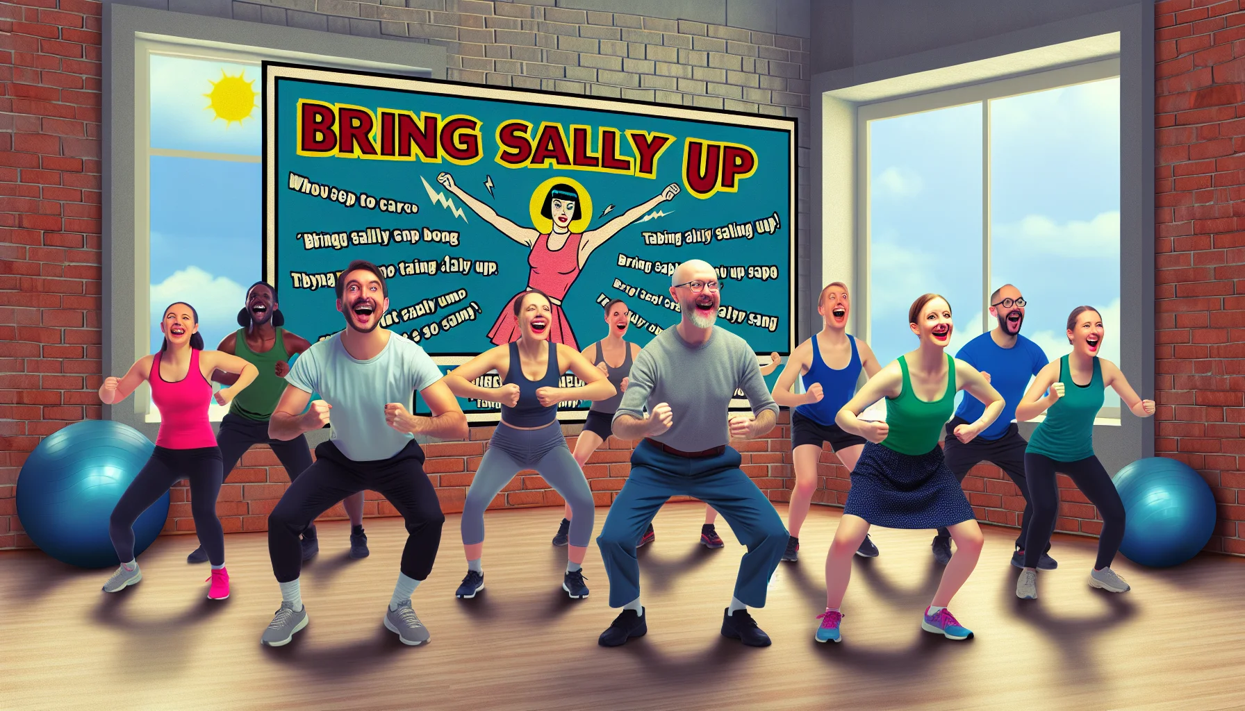 Create an amusing image that reflects the energetic atmosphere of a fitness setting, where people of different genders and descents are enthralled in a 'Bring Sally Up' workout synchronized to the rhythm of a Tabata song. Across the room, there's a poster on the wall displaying the lyrics to the Tabata song in a creative and enticing manner. The participants have expressive looks on their faces, inspiring and inviting viewers into this fun-filled workout scenario.