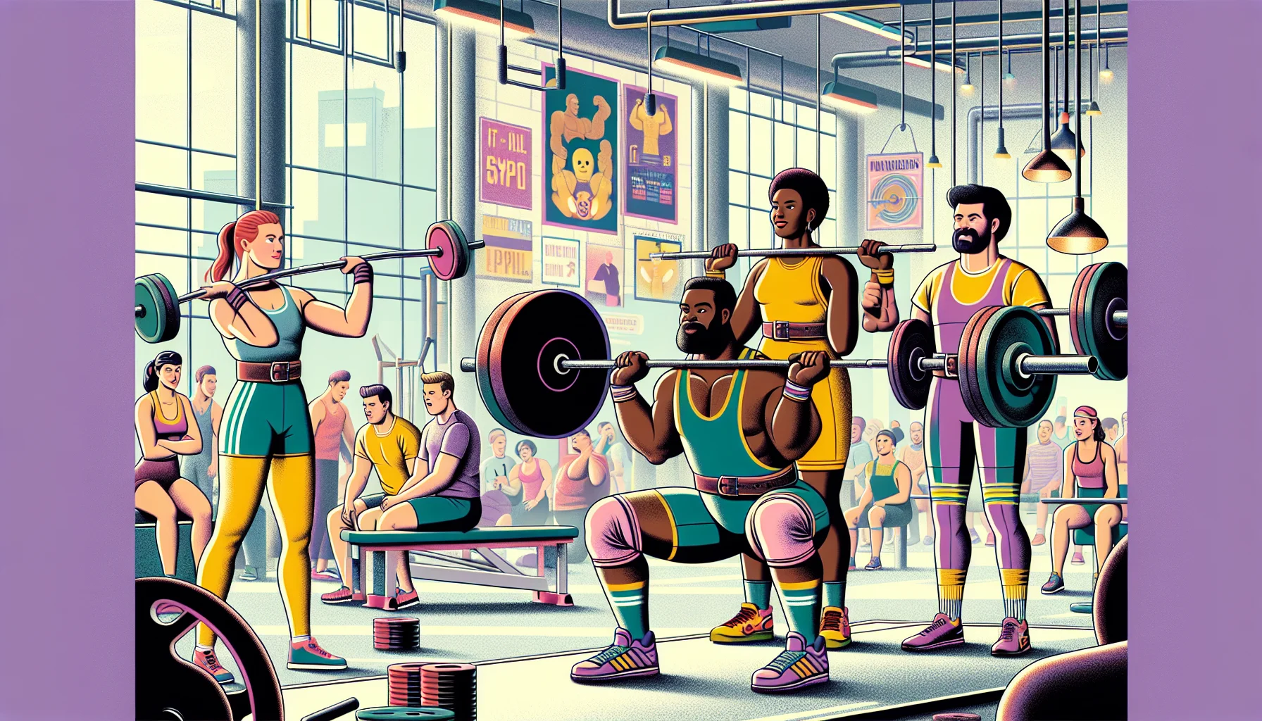 Create an amusing and encouraging scene of a four-day powerlifting split in a gym. In the image, four fitness enthusiasts of various descents and genders are working out, each focused on a different exercise. A Caucasian woman is performing squats, a Hispanic man is executing deadlifts, a Black woman is doing bench press, and a South Asian man is busy with overhead press. They are all wearing colorful workout clothes and the atmosphere in the gym is vibrant and energetic. The gym's background is filled with various fitness equipment, motivational posters and a few bystanders watching and cheering them on.