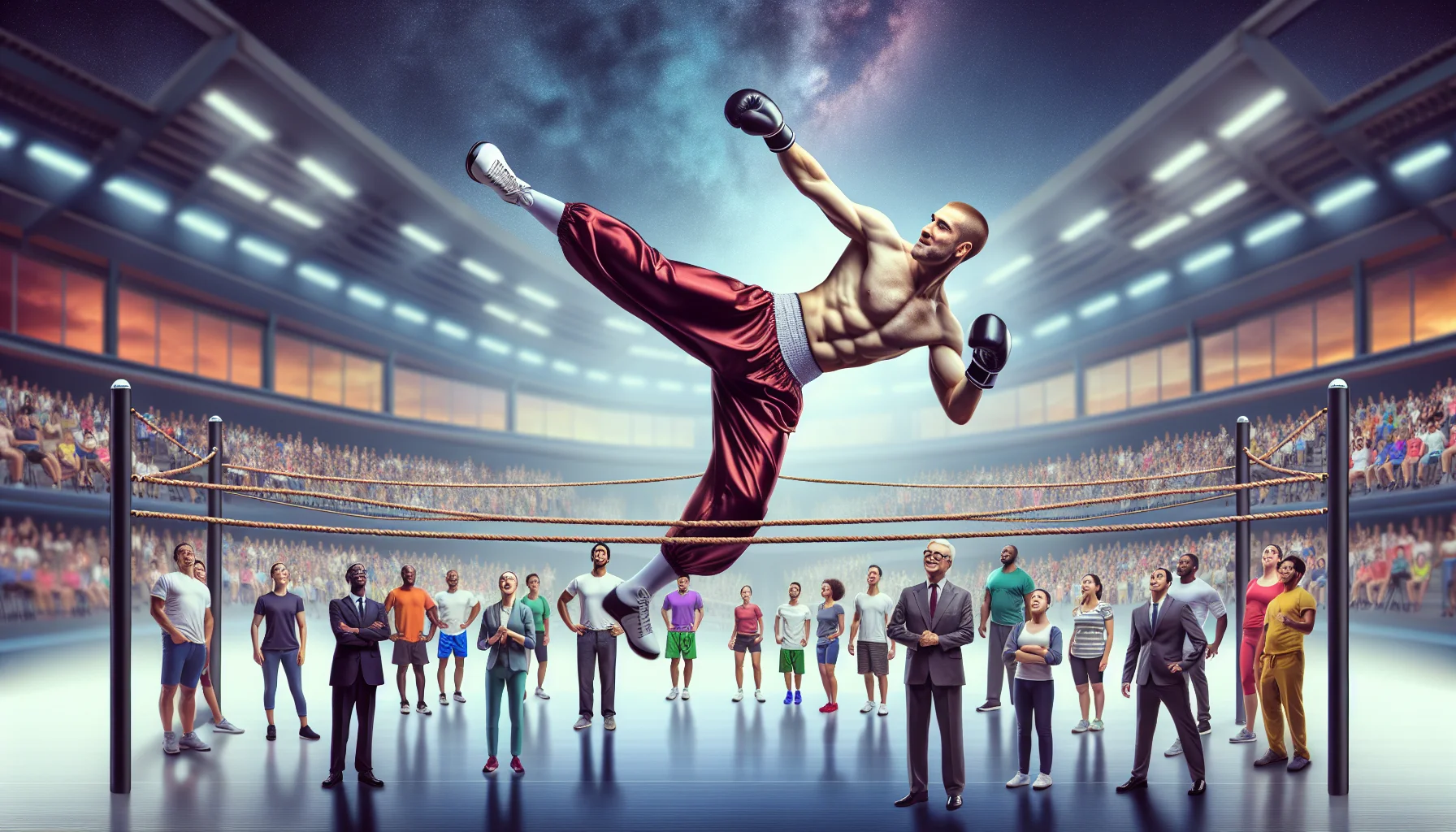Create a realistic image of a physically fit male with a Caucasian descent, representing a professional kickboxer showcasing highlights of his skills in a humorous setting. The kickboxer is performing a dynamic high kick while balancing on a comedy tightrope over a gym. Beneath, people of various genders and descents look up in surprise and amusement. The setting promotes the fun aspects of physical fitness and invites everyone to join in training.