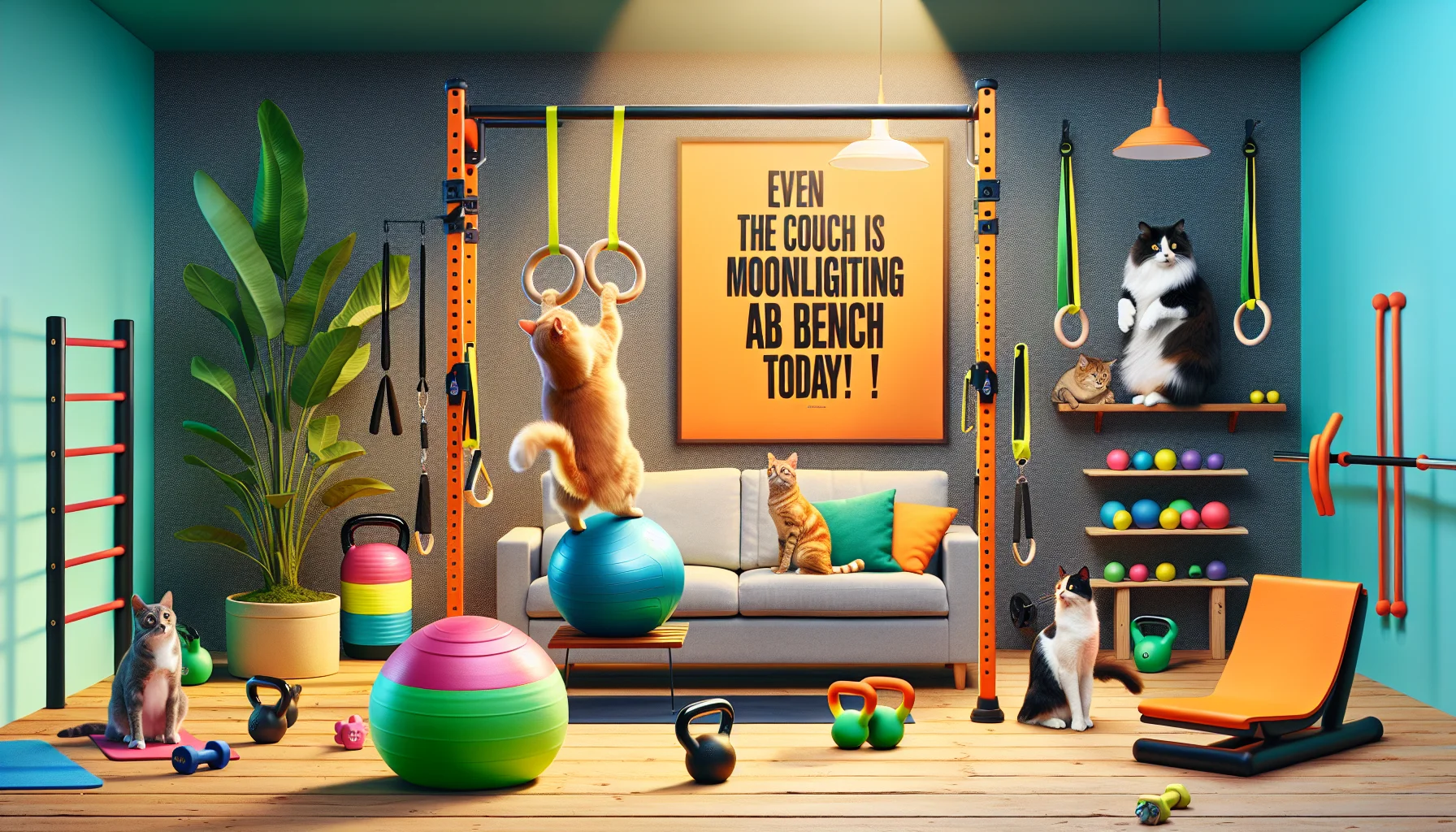 Create a humorous image of a lively living room scene. In the middle, there's a modern, home calisthenics equipment painted in bright neon colors: hanging rings, barbells, kettlebells, pull-up bars, and resistance bands. Strikingly, a playful orange cat tries to balance on a yoga ball while another black and white feline spectates from the colorful resistance band, both adding to the quirky mood. A giant indoor plant playfully tries to 'lift' a kettlebell with its branches, and a motivational quote on the wall reads, 'Even the couch is moonlighting as an ab bench today!' enticing viewers to get moving.