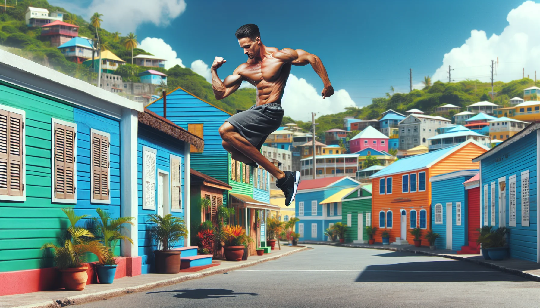 Create an amusing scene that showcases a male parkour enthusiast of Canadian descent, performing athletic stunts and jumps in a distinctively Bajan (Barbadian) environment. The man's physique should be athletic and he should exhibit evident joy and excitement as he navigates the urban setting. The backdrop should include elements of Barbadian culture and lifestyle, like unique architectural styles, colorful houses, and tropical flora. Let the scene subtly encourage viewers towards physical activity and exercise.