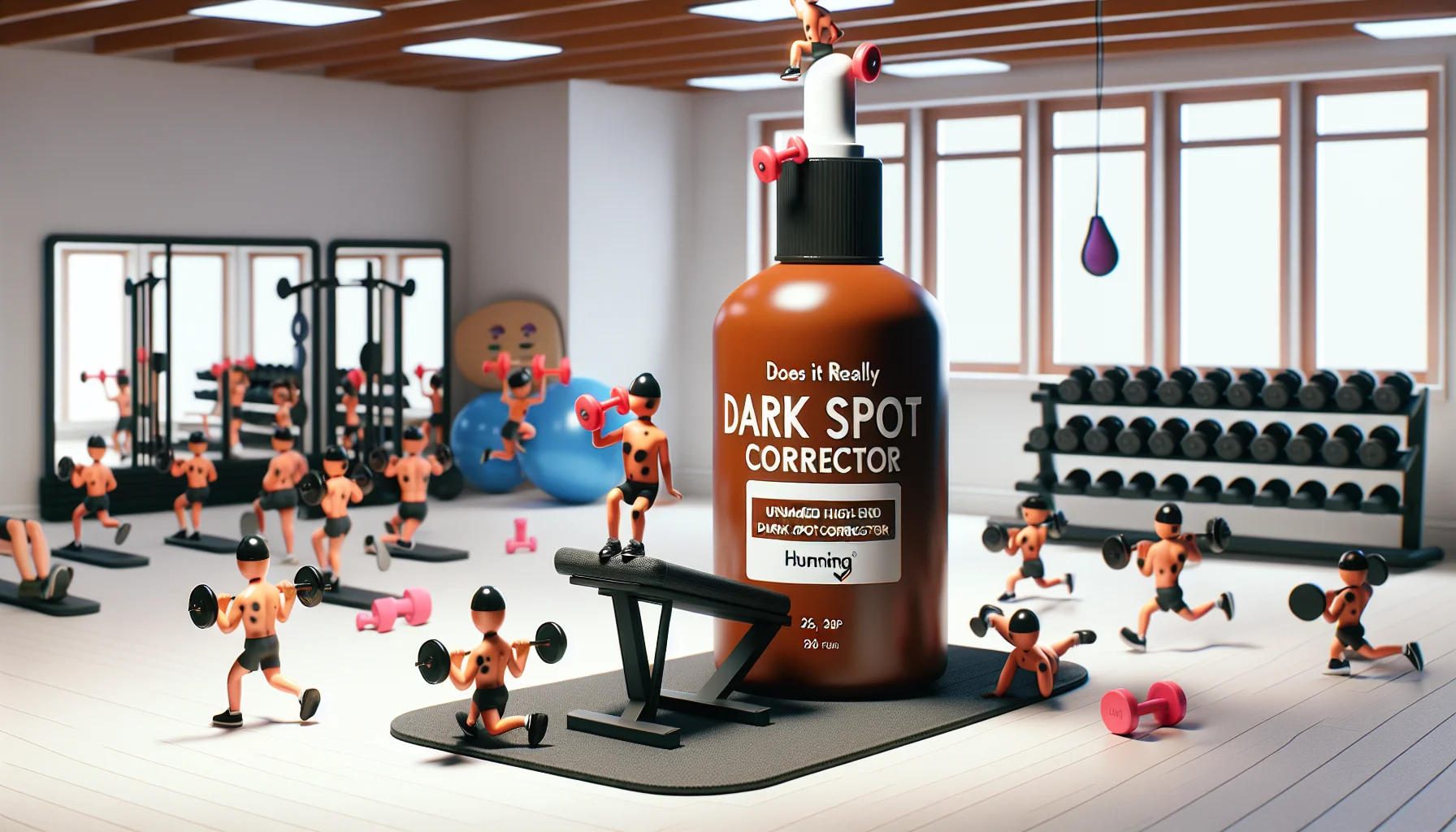 Create a humorous scenario showcasing an unnamed high-end dark spot corrector with the question 'Does It Really Work?' prominently displayed. Perhaps you could show animated bottles of the product participating in a fitness class - lifting miniature weights or running on tiny treadmills. The aim is to encourage people to exercise with a comical twist. Keep in mind that this should be a realistic setting, keeping the gym environment very detailed - mirrors, fitness equipment, gym mats, etc.