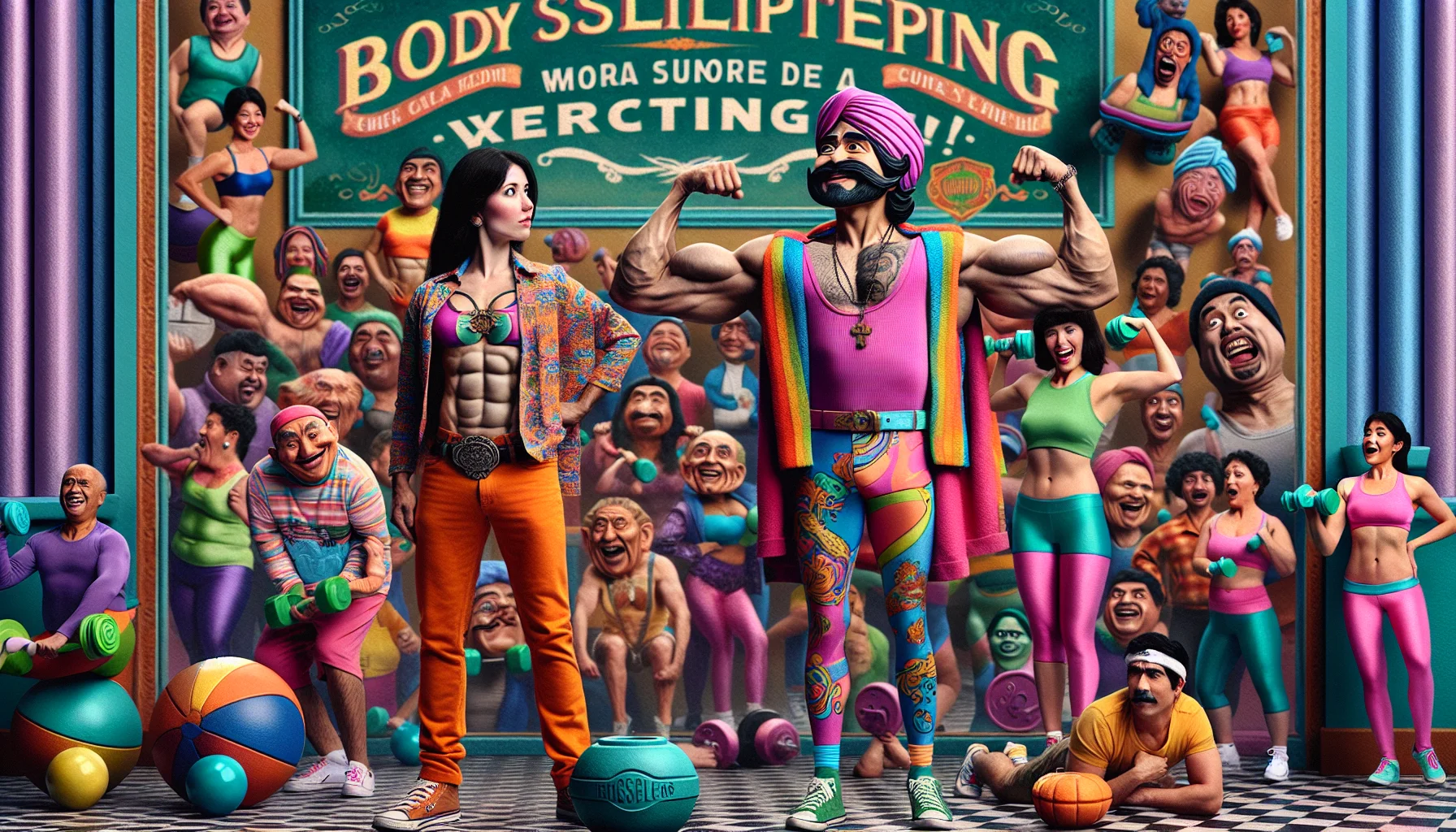 Artistically render a humorous scene focused on body sculpting. In the middle of the composition, place a tall, muscular South Asian man wearing vibrant workout gear, confidently showing off his chiseled abs. Close by, a petite Hispanic woman wearing a colourful exercise outfit is, with exaggerated determination, attempting a bicep curl with an extremely large weight. An inscription in Spanish, with a playful and encouraging tone, invites viewers to join the exciting world of exercising. Populate the background with an array of goofy and diverse fitness enthusiasts of varying ages and descents, all dressed in bright workout clothes, immersed in their unique, humorous exercise routines.