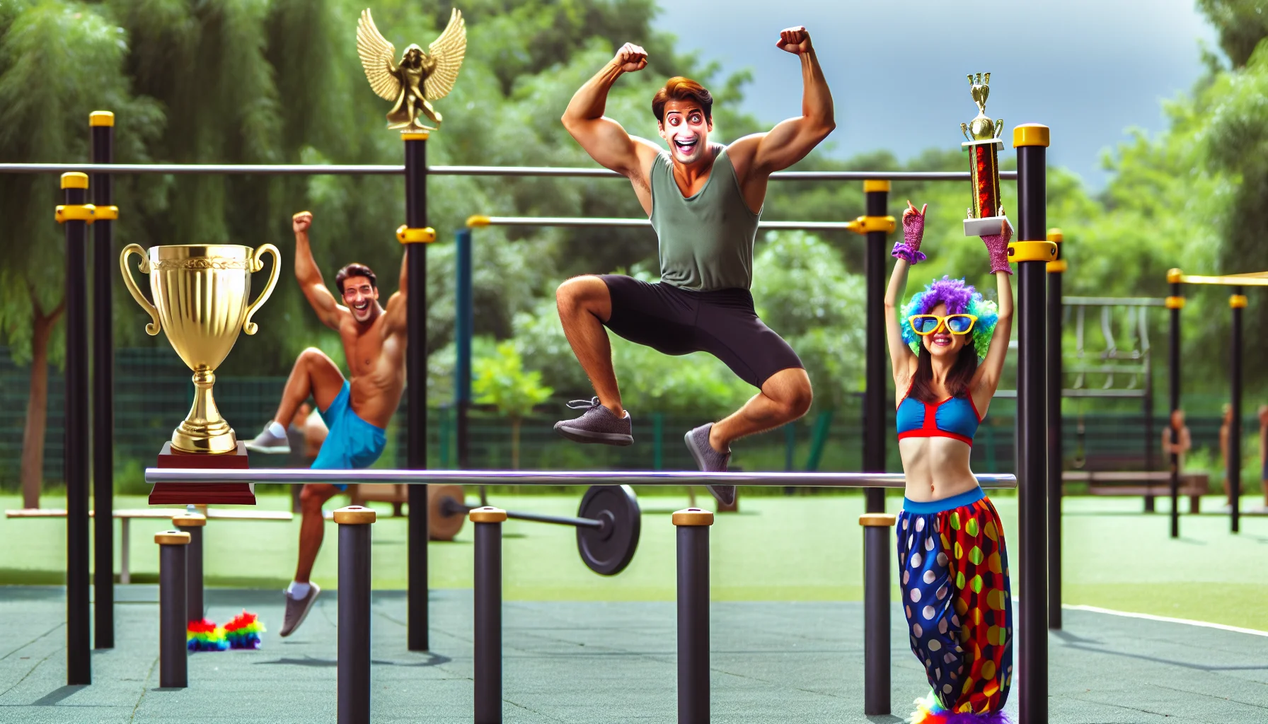 Imagine a humorous fitness scenario taking place in a well-equipped calisthenics park. Our main character is an Hispanic male, highly athletic, caught mid-jump on the balance beam with an expression of joyful surprise. A South Asian woman, fit and determined, is intently focusing on her pull-up routine. However, to add a twist of fun, various unlikely props like feather boas, clown shoes and oversized sunglasses have found their way into the scene. A person-sized trophy costume is seen cheering them on, injecting motivation and hilarity into this ending ranks and invigorating exercise setting.