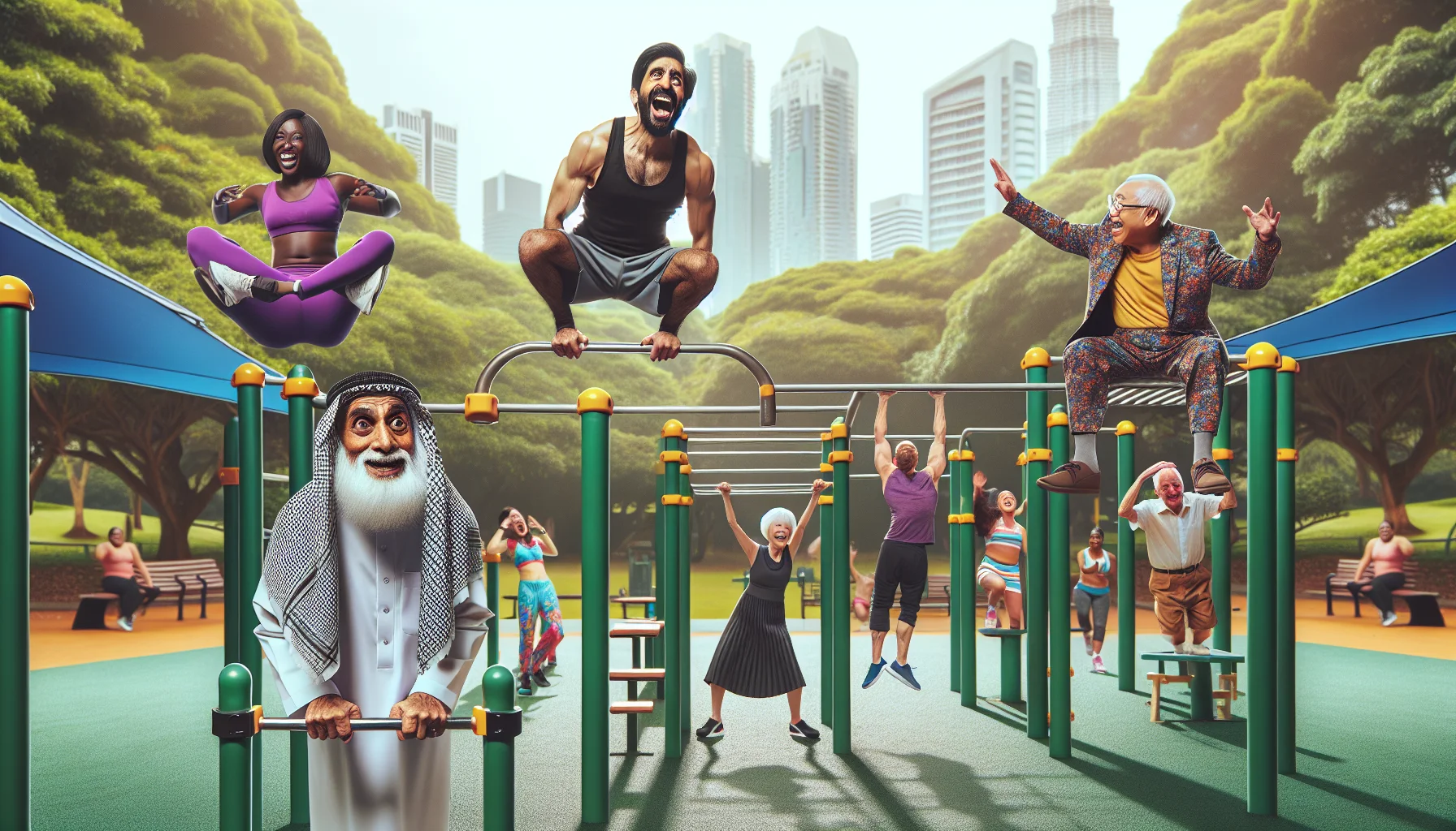 Create a humorous, enthralling scene of a calisthenics park. Imagine a mixture of different people including a Middle-Eastern man balancing on his nose on the monkey bars, a South-Asian woman laughing while attempting pull-ups and a Caucasian man comically stuck in the middle of a push-up. Feel the vibrant atmosphere, with people wearing colorful gym clothing, and the perfectly maintained, inviting exercise equipment placed amid greenery. To increase the fun factor, add a group of elderly Black women energetically and cheerfully participating in a Zumba class in the corner of the park.