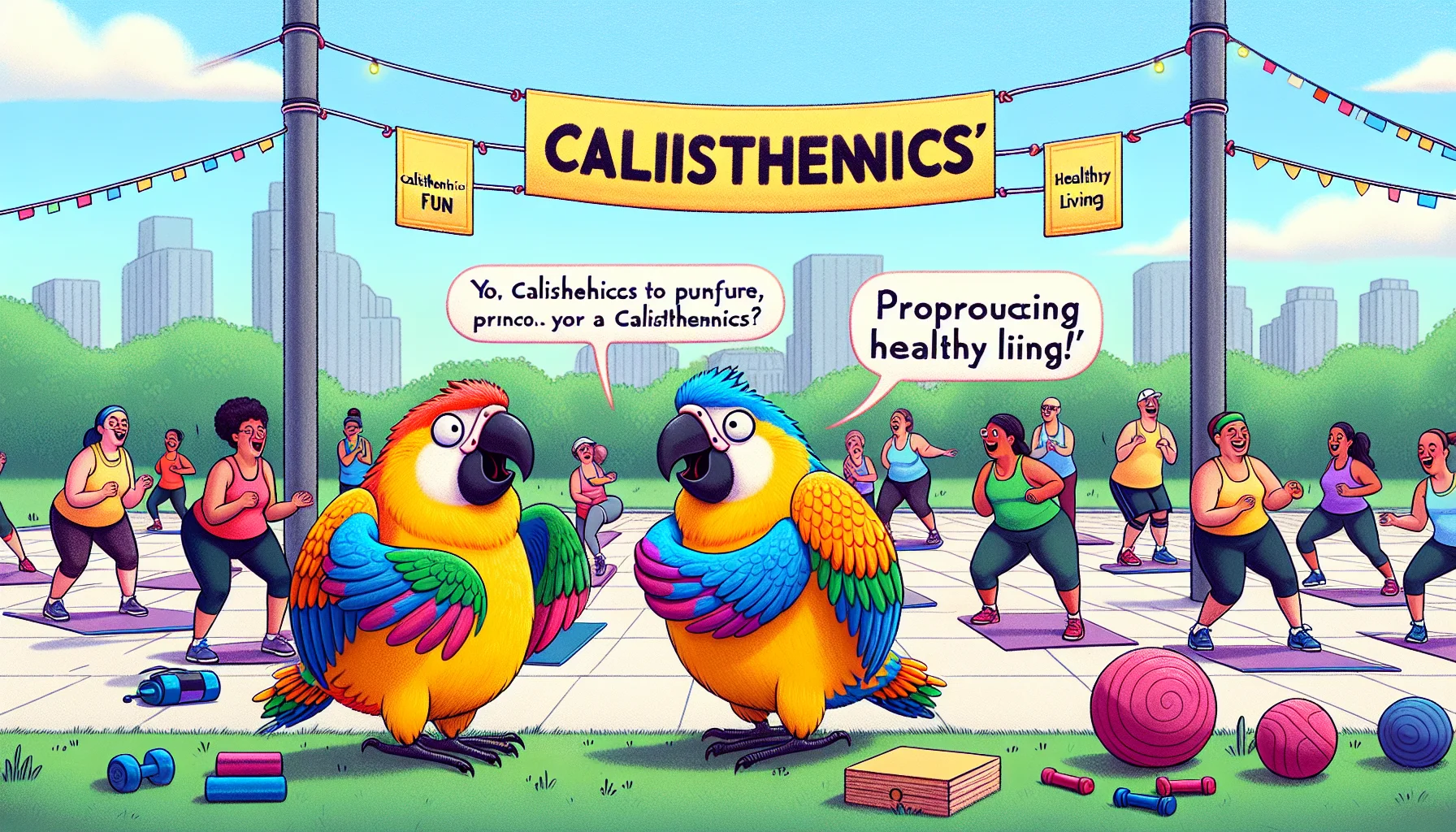 An amusing scenario highlighting the pronunciation of the word 'calisthenics'. Picture a cartoon style set in an outdoor park where two plump parrots are struggling to pronounce 'calisthenics' while attempting to follow an exercise routine led by a Hispanic woman. The parrots in brightly colored feather outfits are humorously mispronouncing the word causing a fit of laughter amongst the diverse group of park people exercising with them. There are motivational banners around them saying 'calisthenics is fun' and 'healthy living'. Overall this scene aims to encourage people to engage in exercise in a light-hearted manner.