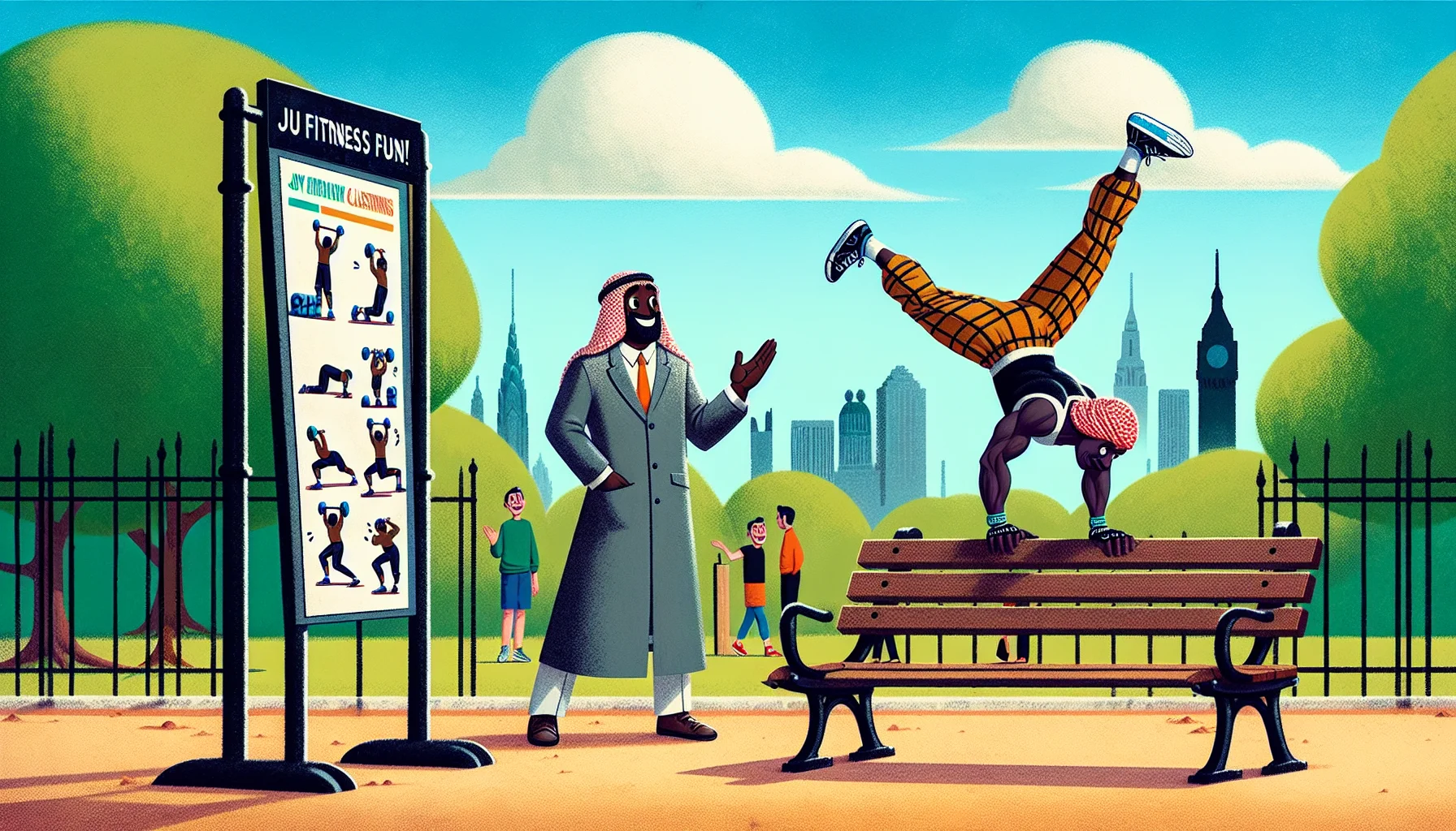 Create an image of a lively park scene. In the foreground, an athletic Middle-Eastern female showcasing her calisthenics skills by attempting a handstand on a park bench. An amused looking Black male passerby watches her, mimicking her actions in an exaggerated manner. The weather is sunny, and there's a 'Join the Fitness Fun!' banner strung between two trees. A sign nearby has images of various calisthenics exercises with comedic captions beneath them, encouraging people to get physically active in a fun and lighthearted way.