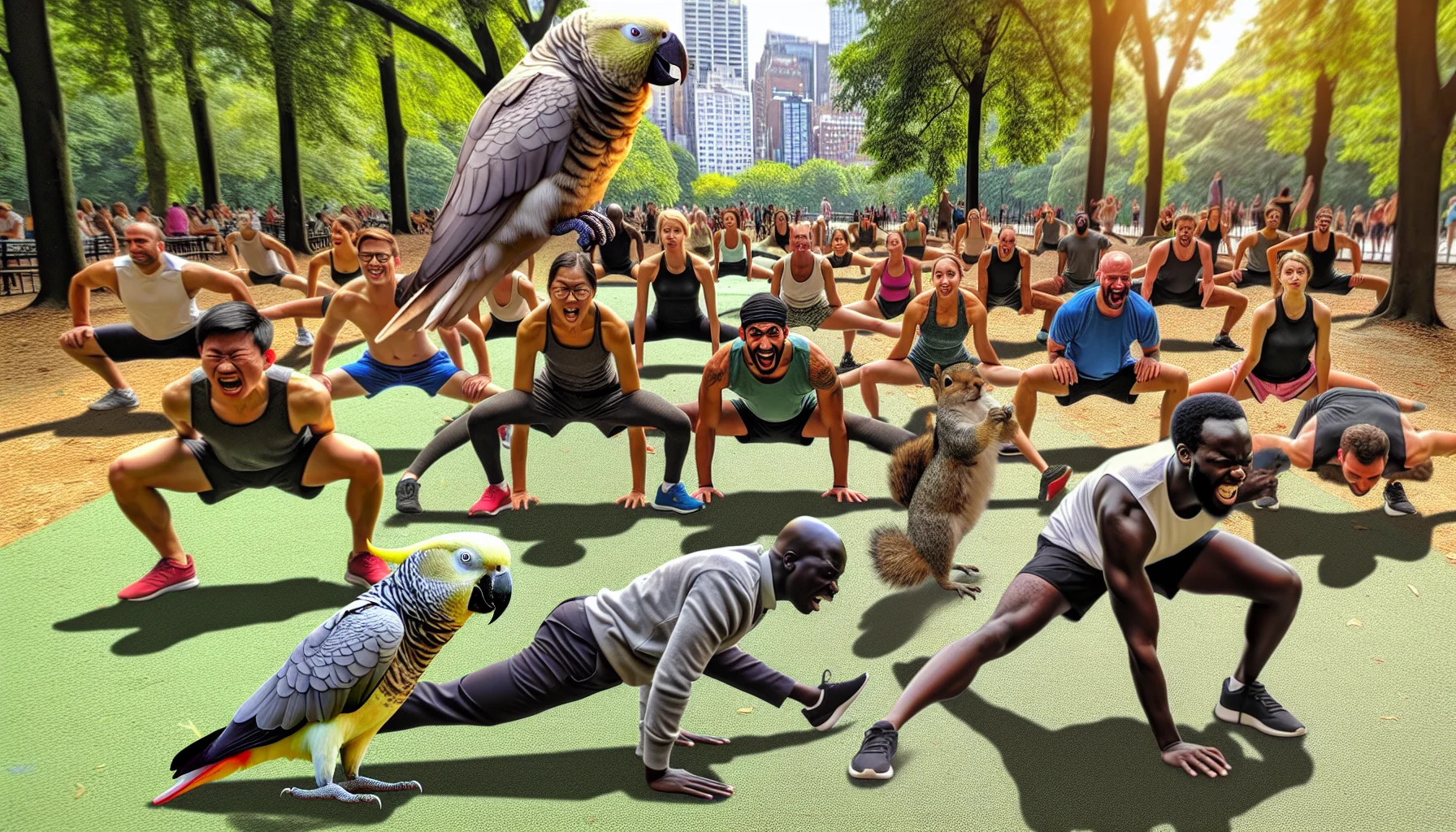 Generate an amusing, realistic image that promotes physical fitness. Show a diverse group of people from different races such as Asian, Black, White, Hispanic, and Middle-Eastern engaging in calisthenics exercises in a park. Capture the dynamic movements as they hilariously struggle to perform splits. Use surprise elements such as a cockatoo squawking encouragement from a low branch or a squirrel running off with someone's protein bar to create a comedic atmosphere. Make sure the image highlights the enjoyment and camaraderie of group exercise, motivating viewers to participate.
