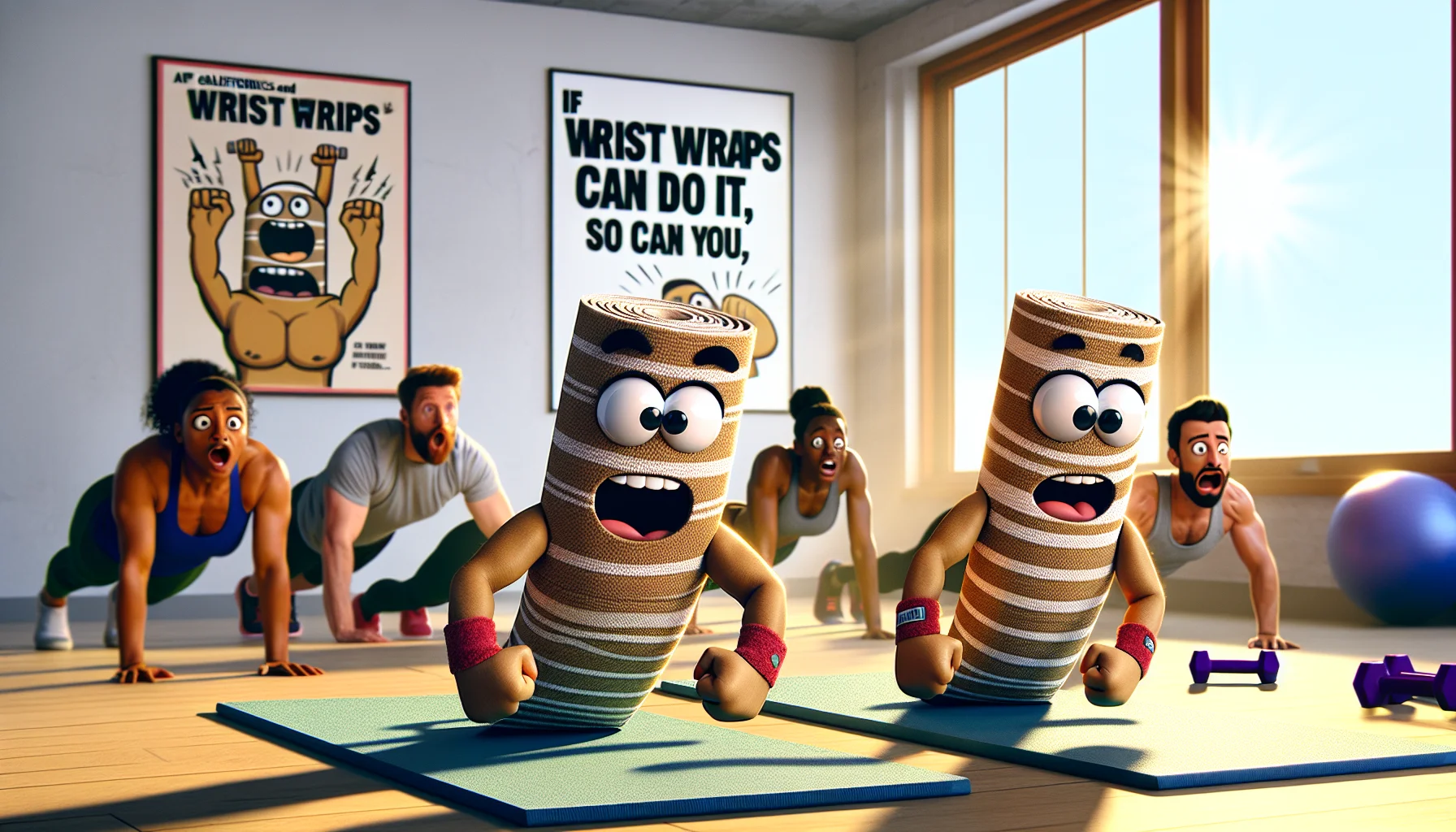 Create a realistic and humorous image illustrating a pair of calisthenics wrist wraps who have come to life. These animated wrist wraps are enthusiastically performing push-ups, trying to motivate people to exercise. Their determined faces express intense energy and motivation. They are on a yoga mat in a sunlit, tidy room with fitness posters on the wall. One poster humorously states, 'If wrist wraps can do it, so can you!'. Meanwhile, a few startled human exercisers of mixed genders and diverse descents are watching this amusing spectacle with surprised expressions.