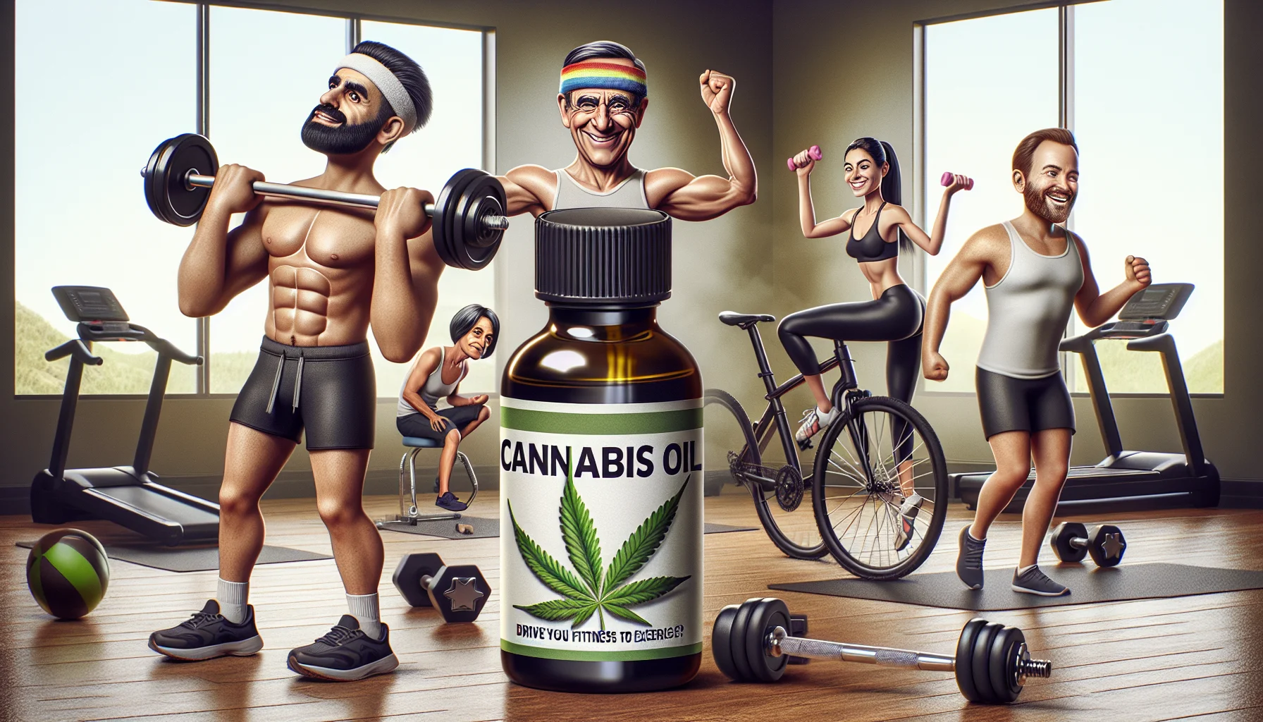 Generate an amusing and insightful image that drive fitness enthusiasts to exercise. The central theme should be a bottle of cannabis oil with visible labeling that highlights its fitness advantages. Surround it with humorous caricatures of people – a strong black gym-goer lifting heavy weights, a determined Hispanic jogger with a sweatband, a focused Middle-Eastern yogi performing a pose, and an energetic Caucasian cyclist. They should all exhibit joyful expressions, attesting to the positive effects of the product. Let the background subtly hint at a typical gym setup – with dumbbells, yoga mats, cycles, and treadmills.