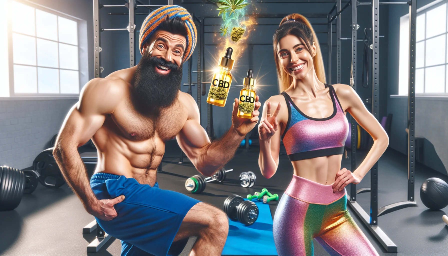 Create an amusing yet realistic image that showcases the benefits of CBD oil for fitness enthusiasts. Our visual includes a post-workout scene with a cheerful Middle-Eastern bearded man in his 30s and a Caucasian woman in her 20s, both in colorful sportswear. They are holding bottles of CBD oil with a glowing aura, symbolizing its benefits. Their smiles are bright and their bodies look fit and healthy, hinting at their rewarding fitness journey with the help of CBD oil. The background has taken a hilarious twist, with gym equipment such as weights, treadmill, and yoga mats playfully arranged in unexpected positions, adding to the overall funny scenario.