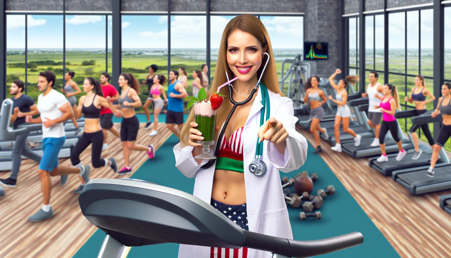 Create a realistic image of a determined and charismatic female doctor, with an enchanting Brazilian personality, in a humorous scenario encouraging people to exercise. She can be seen wearing a lab coat, holding a dumbbell in one hand and a healthy smoothie in the other, standing next to a treadmill. The backdrop is a lively gym environment filled with people of all genders and descents partaking in various fitness activities.