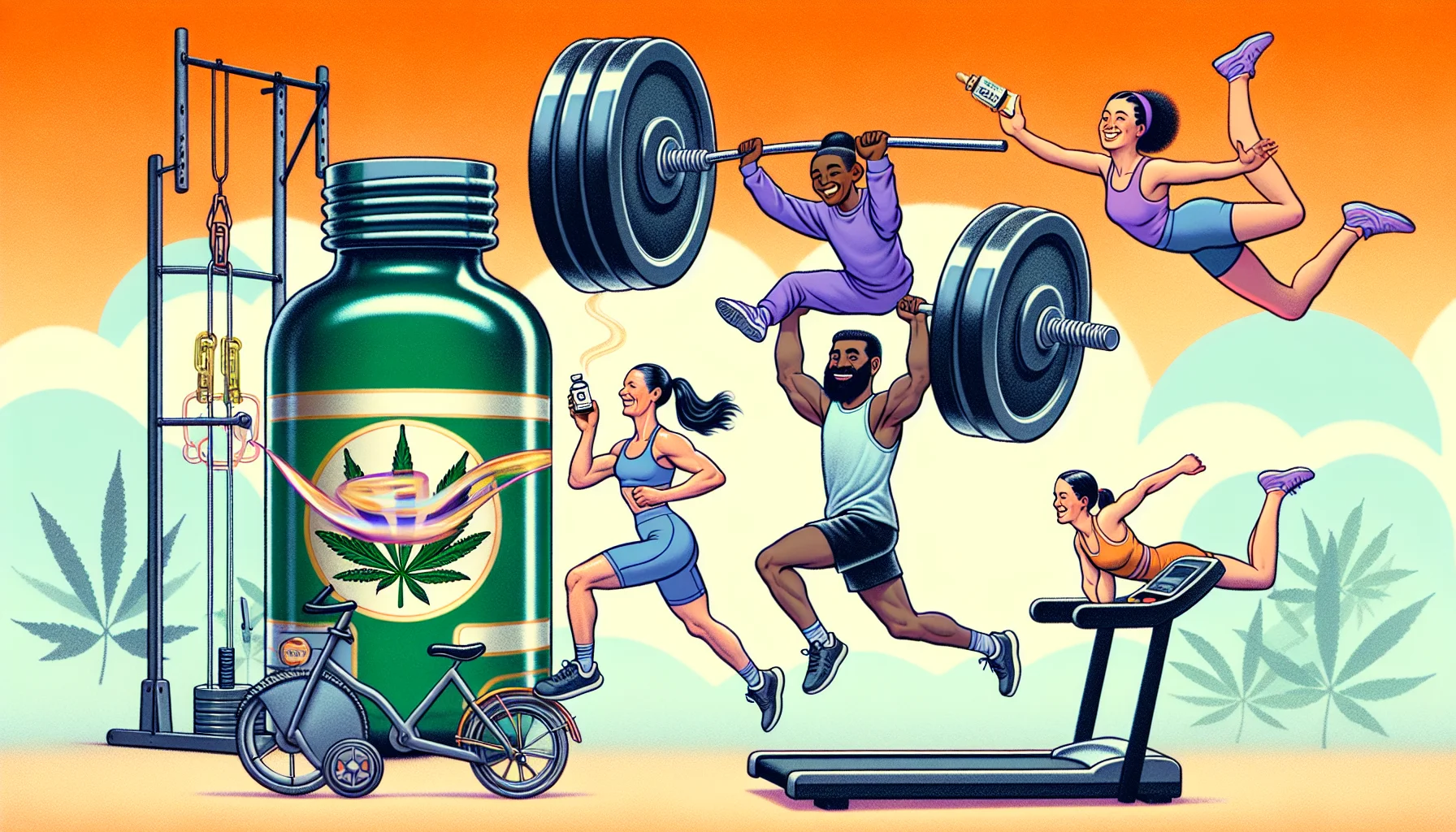 Picture a humorously exaggerated gym scene with fitness enthusiasts of diverse races and genders. Imagine a Caucasian female weightlifter grinning as she effortlessly lifts hefty weights filled with CBD oil instead of metal plates. Adjacent to her, visualize a Black male gymnast performing a perfect handstand balance on a giant CBD oil bottle. On the sidelines, see a Hispanic woman happily jogging on a treadmill that speeds up every time she takes a dose of CBD from a mini dispenser attached to the machine. These unique scenarios highlight the positive impact of CBD on easing fitness-related discomforts in a funny, encouraging setting.