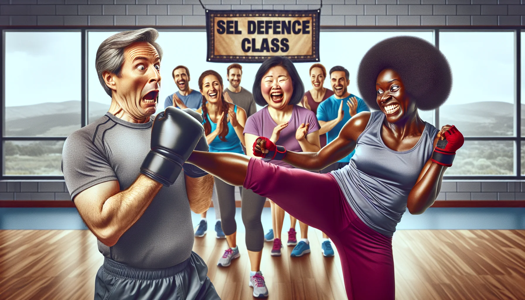 Depict a humorous scene showcasing kickboxing for self-defense in a fitness context. Show a middle-aged Caucasian man, with a surprised expression, blocked by a swift kick from a smaller, athletic, Black woman. She is chuckling while holding a kickboxing stance. Behind them, a diverse group of onlookers, including a South Asian male and Hispanic woman, laugh and cheer them on. The backdrop is a modern, brightly-lit gym with a 'Self Defence Class' banner hanging at the back. This scene will inspire and entice viewers to engage in physical exercise.