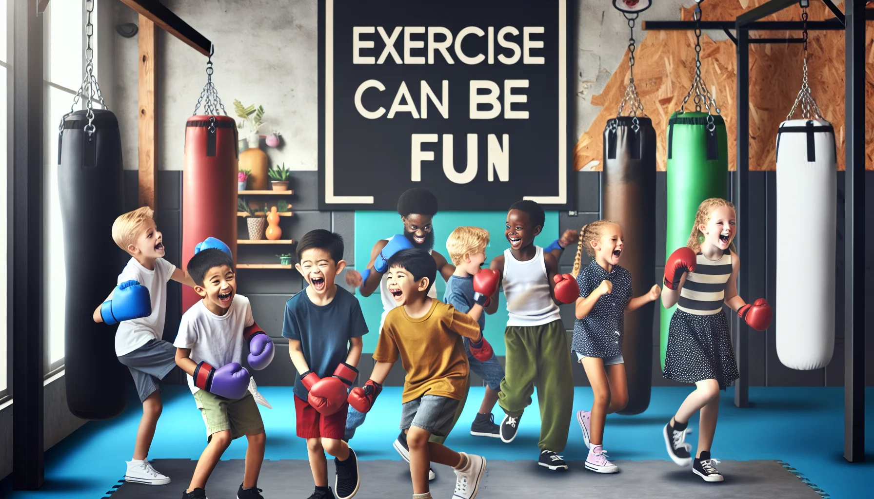 Create a vivid and amusing image where a group of diverse children are engaging in kickboxing near a sign that reads 'Exercise can be fun'. The setting is a spacious, well-equipped gym filled with kickboxing gear such as gloves, punching bags, and protective gear. Children of different descents such as Caucasian, Black, Asian and Hispanic are participating: some are sparing, while others are laughing and performing exaggerated kickboxing moves. All are visibly enjoying themselves, emphasizing the idea that exercise can be enjoyable.