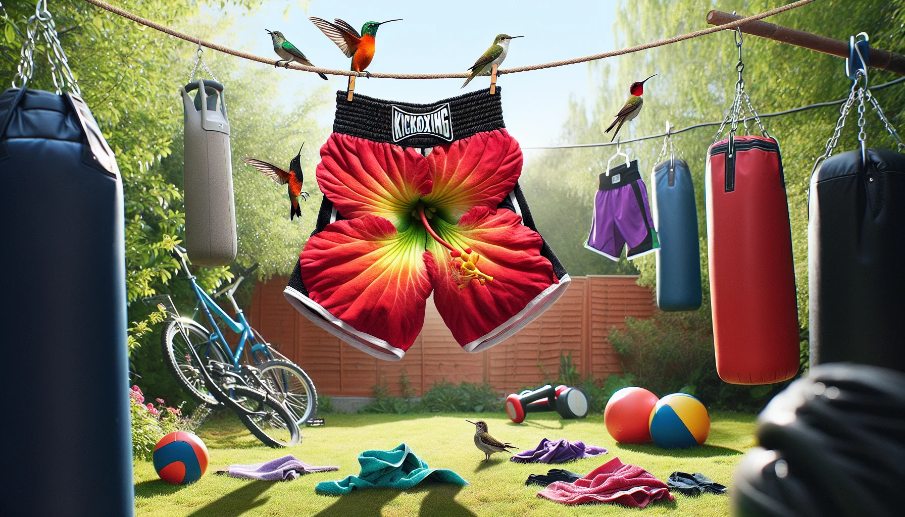 Create a comical and light-hearted scenario featuring kickboxing shorts. Picture this: a pair of vibrant, oversized kickboxing shorts hanging on a clothesline in a sunny backyard. Birds are playfully pecking at the shorts, misinterpreting them as a large, exotic flower due to their bright colors. Nearby, a hummingbird is seen attempting to drink nectar from the shorts. In the background, an array of fitness equipment is scattered haphazardly, suggesting a workout session interrupted by this amusing situation. This scene is intended to evoke a sense of humor and motivate people to incorporate fun into their exercise routines.