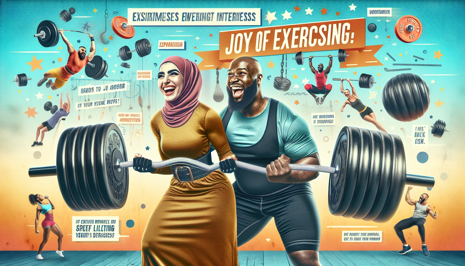 Create a vibrant and humorous image depicting a powerlifting event in a gym. The scene features a confident Middle-Eastern woman and a Black man attempting to lift incredibly exaggerated oversized dumbbells. They both have grins on their faces and are clearly having fun, demonstrating that powerlifting isn't just about seriousness and strength, but can also be enjoyable. The background contains inspirational quotes on fitness and joy of exercising, to motivate viewers and spark an interest in exercise and healthy living.