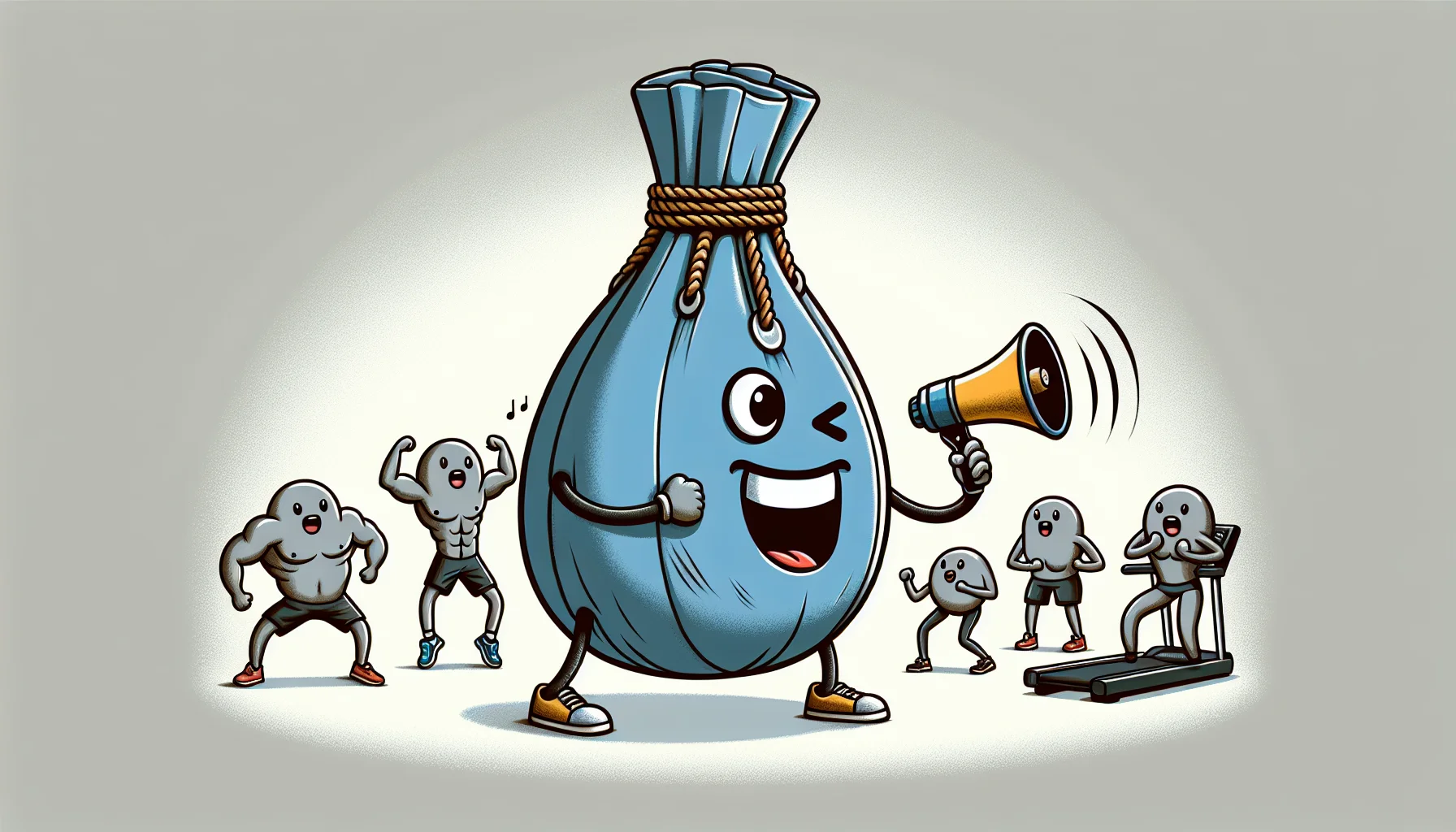 Create a humorous illustration of a powerlifting bag, traditionally used for strength training, placed in an unexpected scenario to motivate people to exercise. Imagine the powerlifting bag with animated expressions, wearing a fitness instructor's whistle around its non-existent neck, holding a megaphone in its side handle and attempting to conduct an aerobics class for other gym equipment like treadmills and dumbbells, which are given human like qualities and seem to be engaging in the class with enthusiasm and dedication.