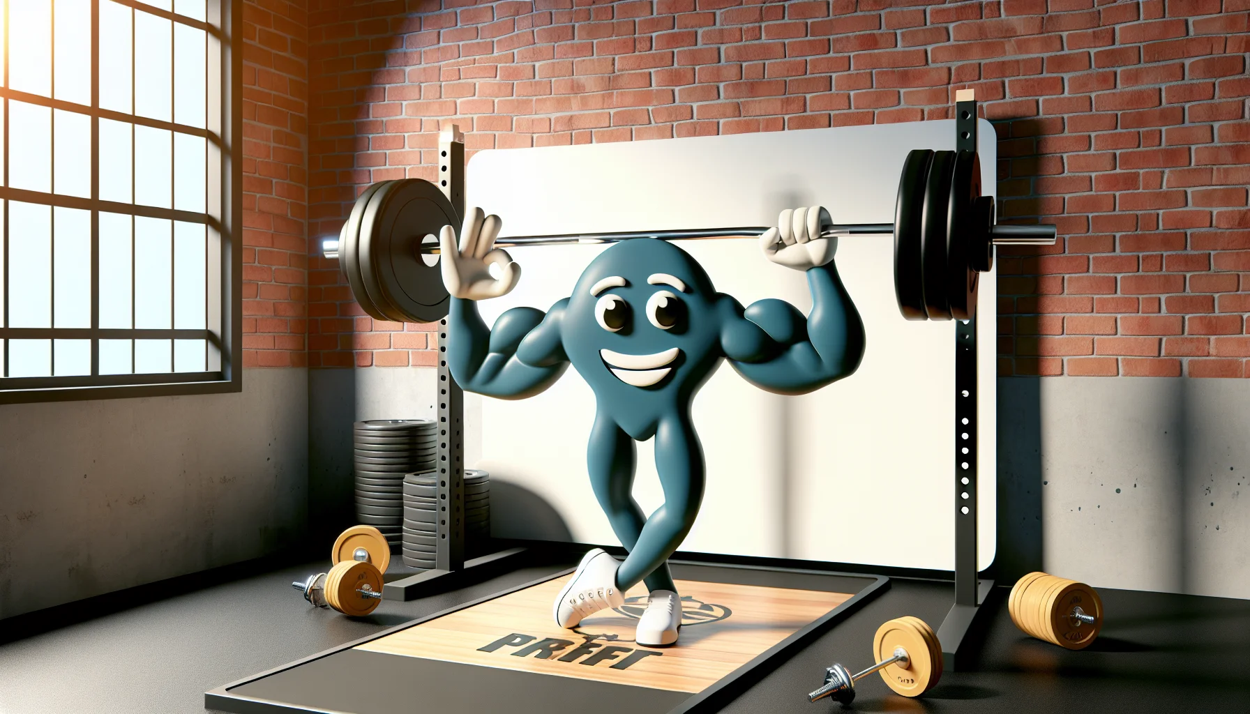 Create a humorous scene featuring a powerlifting logo. This comedic scene should encourage people to engage in physical exercise. The logo could be in a human-like form, showing off a playful muscle-flex or engaging in a goofy weightlifting incident to inspire viewers with laughter and the urge to stay fit.