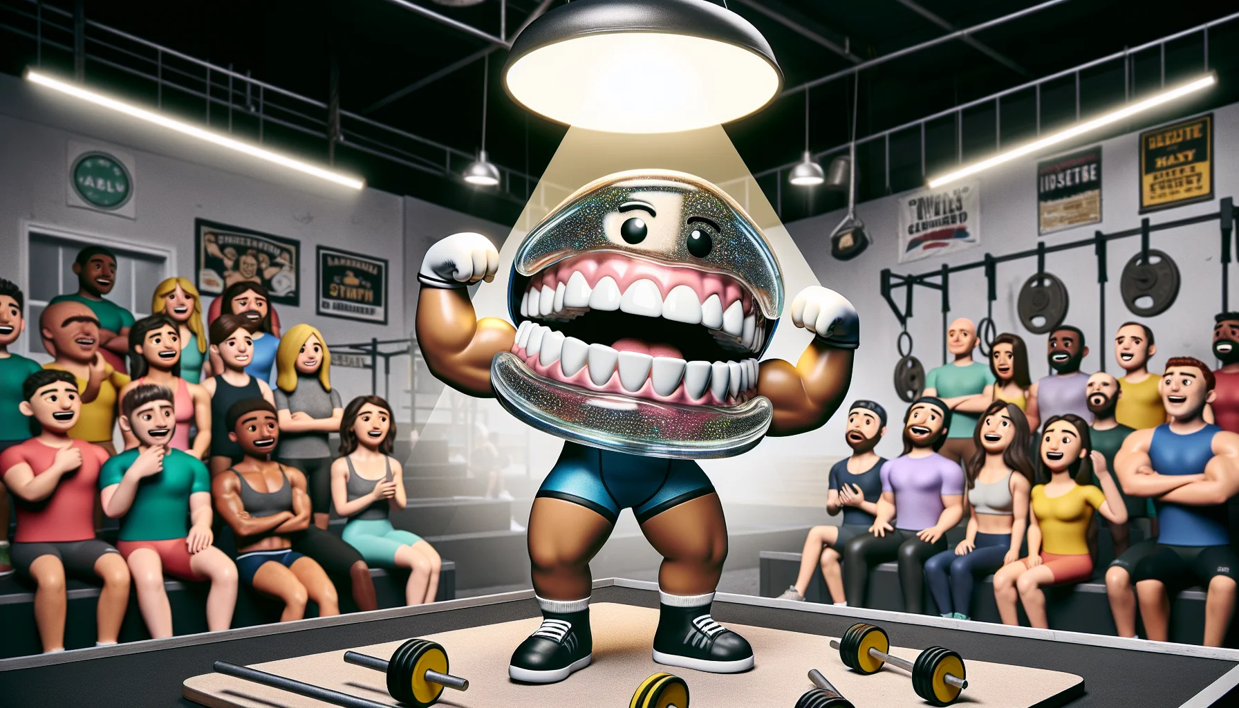 Imagine a comedic scenario alluding to the world of powerlifting. In the center, there's a shiny powerlifting mouthguard, oversized and exuding strength. It's under a spotlight with miniature cartoon-style weights beside it. The mouthguard is personified with endearing facial features, flexing muscular arms, and animated by lifting one of the weights. Around this, there are spectators from different descents and genders, their expressions ranging from awe to laughter, fully entertained by the spectacle. The background has a gym setting where different individuals are inspired and exercising with equipment. This is a playful take on promoting fitness culture.