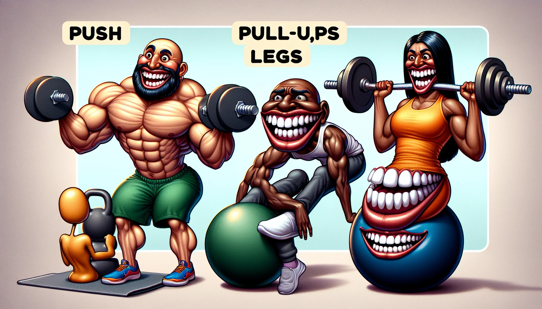 Design a humorously enticing image illustrating the concept of push pull legs calisthenics. Capture three scenes, each showcasing a different exercise: push-ups, pull-ups, and squats. Firstly, show a comically exaggerated, muscular South Asian female performing push-ups, with an animated dumbbell eagerly cheering her on. In the next scene, depict a gap-toothed kettlebell humorously grimacing as a Middle Eastern man confidently performs pull-ups. Lastly, have a jolly Black woman performing squats, with a smirking stability ball acting as her whimsical companion. By encapsulating this humorous fitness theme, capture the fun side of calisthenics.