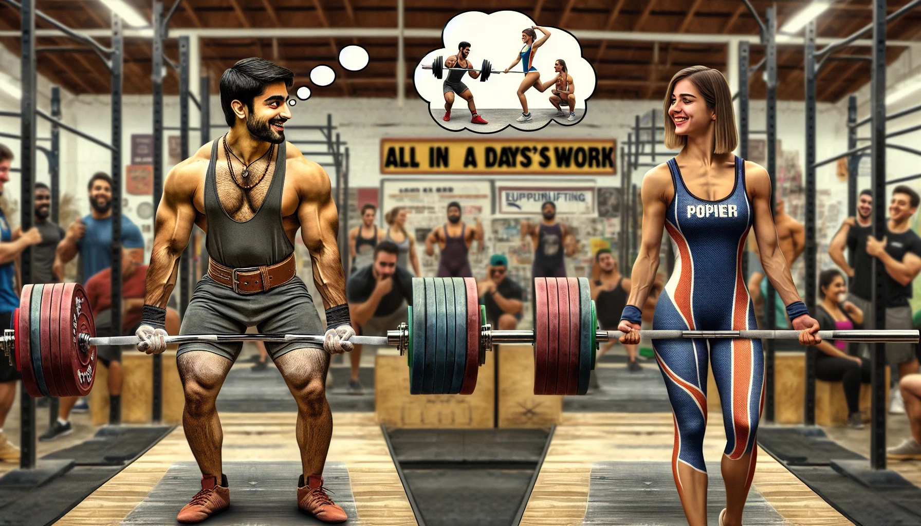 Generate a humorous, realistic image that compares raw and equipped powerlifting. Picture a gym scenario where on one side, a South Asian man is engaged in raw powerlifting. He is lifting heavy barbells with visible strain, exhibiting intense concentration and determination, but also a lighthearted expression on his face. His clothes are simple - a sleeveless t-shirt and shorts, typical of a raw powerlifter. On the other side, a Caucasian woman, adorned in the powerlifting suit integral to equipped powerlifting, effortlessly lifts an even heavier barbell. She's smiling, enjoying the moment. A thought bubble above her heads reads, 'All in a day's work'. This marketplace gallery provides a playful comparison between the two powerlifting styles, endorsing the idea that exercise can be both challenging and enjoyable.