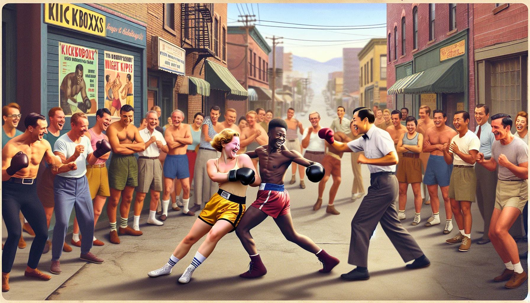 Create a humorous, realistic image showcasing kickboxing in an urban setting. Picture a street turned impromptu kickboxing ring in mid-century era Reno City with a diverse mix of people engaged in a friendly communal workout. Visualize a Caucasian female amateur kickboxer playfully dodging a Middle Eastern male pro's lightweight punch while a crowd of South Asian and Black bystanders cheer on, encouraging everyone to join in with light-hearted banter and posters promoting fitness.