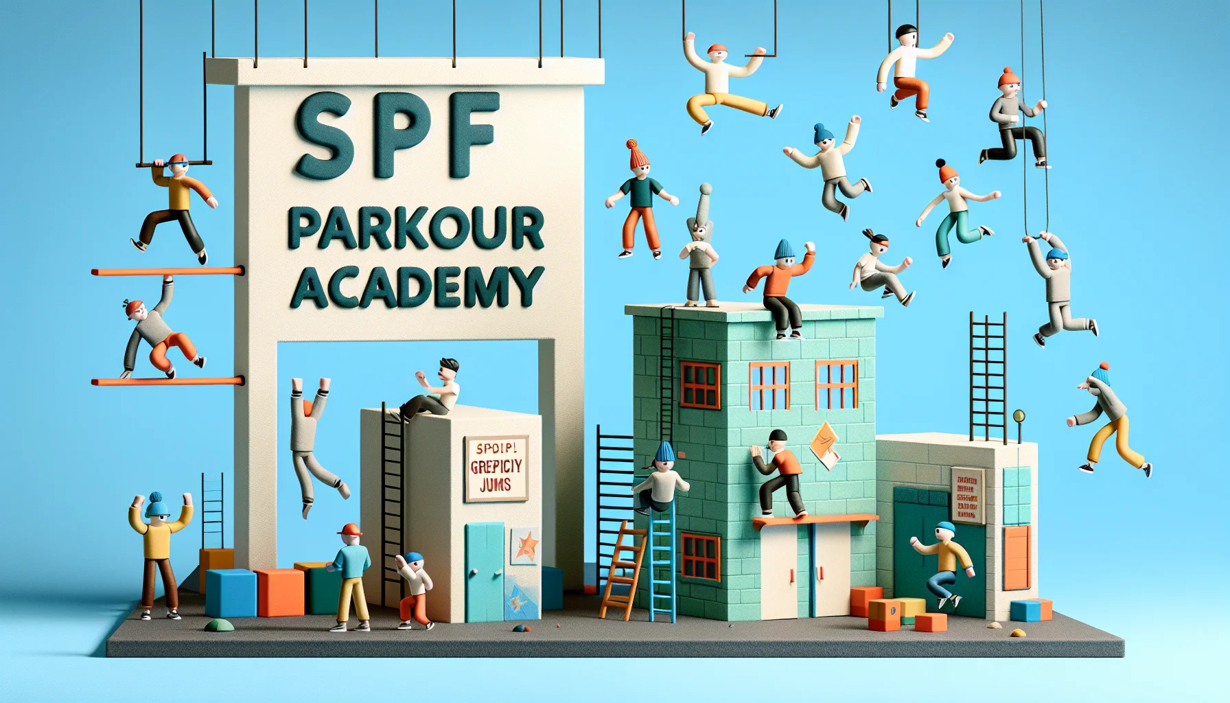 Create an image of the SPF Parkour Academy in an amusing setting. The scene features a playful representation of parkour training, communicated in a lighthearted manner to inspire individuals to exercise. The academy is depicted as an inviting and stimulating place, filled with a variety of parkour obstacles, alongside students of varying descents and genders, successfully performing different gravity-defying moves. Some are doing vertical wall runs, while others are doing precision jumps but with additional enjoyable twists like wearing novelty hats or making silly faces to add humor and optimism to the scene.