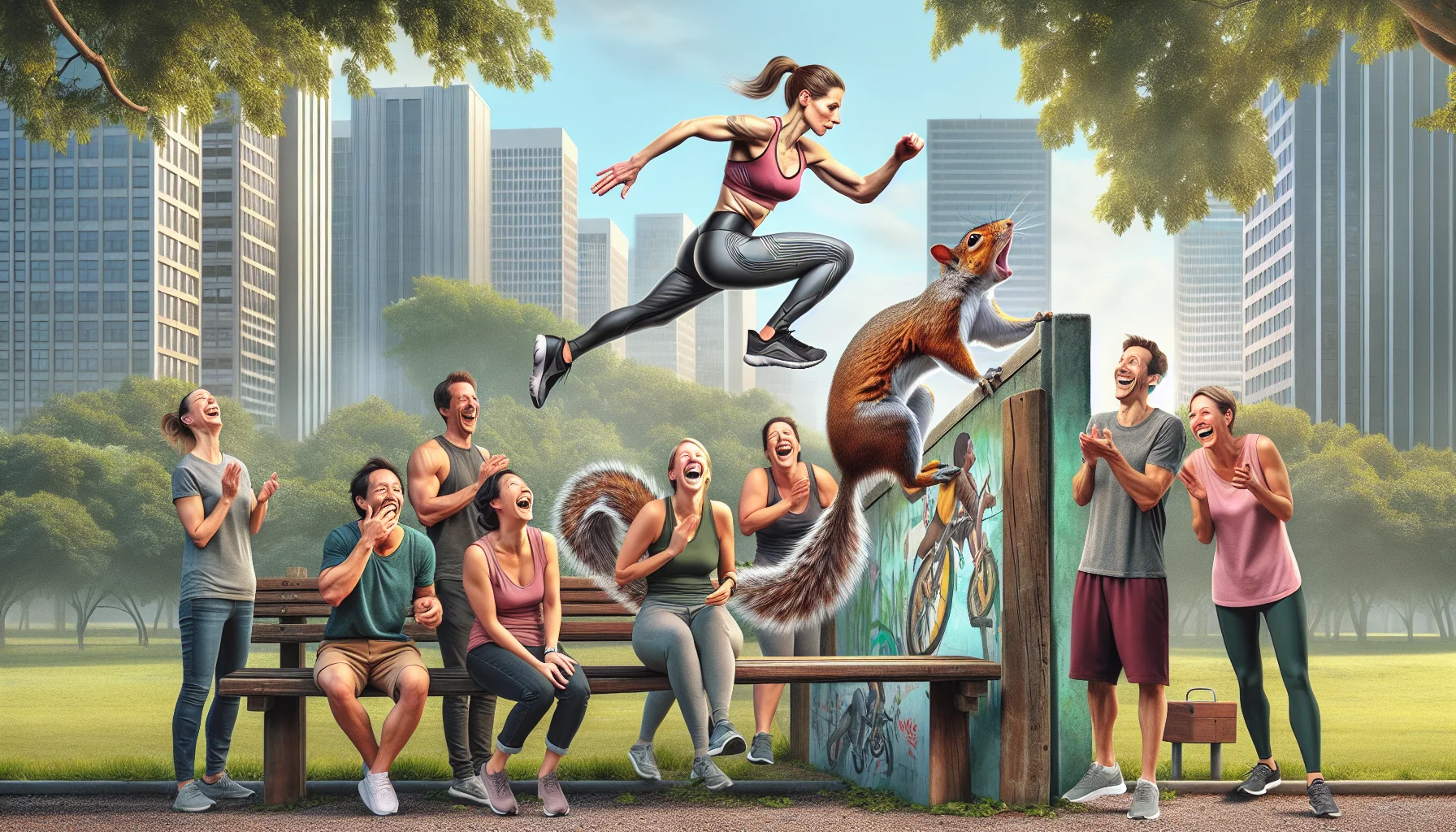 Design a humorous and captivating scene that emphasizes the pleasure of exercise, taking place in an urban park. Conceptualize parkour practitioners showcasing their impressive skills amidst realistic challenges. One of them is a Caucasian woman displaying a stoic countenance, effortlessly leaping over obstacles while several onlookers laugh heartily at something adjacent to the main action, perhaps a squirrel attempting to mimic the athletic maneuvers. The goal of this artwork is to highlight the intrinsic fun in physical fitness and inspire viewers to engage actively with their environments.