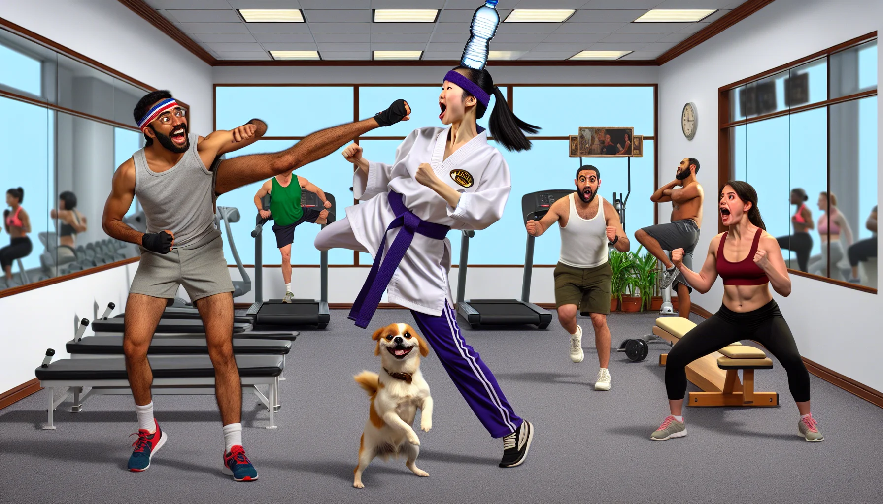 Draft a humorous, realistic scenario where an Asian female taejo kickboxing instructor and a Middle-Eastern male trainee are in a gym. The trainer is demonstrating a high kick, frozen mid-air just as her cap falls off her head. The trainee, caught by surprise, balances a water bottle on his head, attempting to mimic her. Nonchalant gym-goers of various descents and genders are in the background, using treadmills and lifting weights, providing a contrasting serious tone. An excited dog, wearing a mini sweatband, enthusiastically cheers them on, adding to the comedic scenario. The text 'Exercise can be fun!' is seen in bold, inspiring letters at the top.