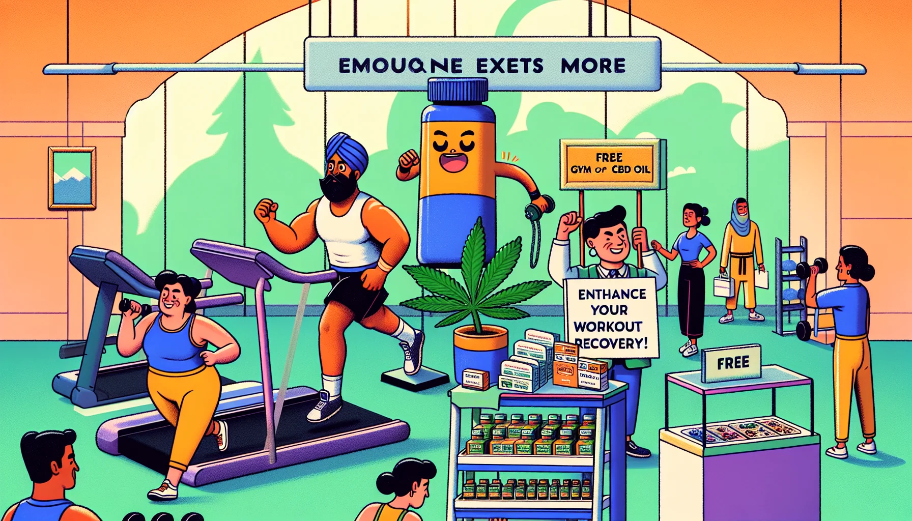 Let's imagine a humorous scenario to encourage people to exercise more. Picture an animated scene in a typical gym environment. There's a buff, typical gym-goer who is of South Asian descent, furiously working out on a treadmill. Nearby, a Middle-Eastern woman is lifting weights with focus and determination. In the corner of the gym, a cheery gym assistant of Caucasian descent is behind a stand which holds free samples of CBD oil. The stand has a sign that playfully says 'Enhance Your Workout Recovery!'. A cartoonish, fun representation of CBD oil, complete with arms and legs, is doing various exercises, suggesting it's ready to join them in their workout regimen.