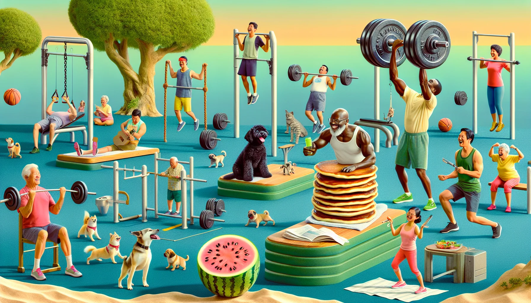 Create a unique scene portraying a humorous scenario of an outdoor gym packed with people of all descents and genders engaged in a weighted calisthenics program. Among the visual elements, include a buffed up middle-aged Black man comically struggling to do pull-ups with pancake stacks as weights, a young White woman giggling while performing handstand pushups against a tree trunk, a Hispanic teenager enhancing his dips workout using a mischievous puppy as the 'weight', and an elderly South Asian lady joyously performing deep squats with watermelons. The goal is to evoke laughter while enticing viewers to exercise.