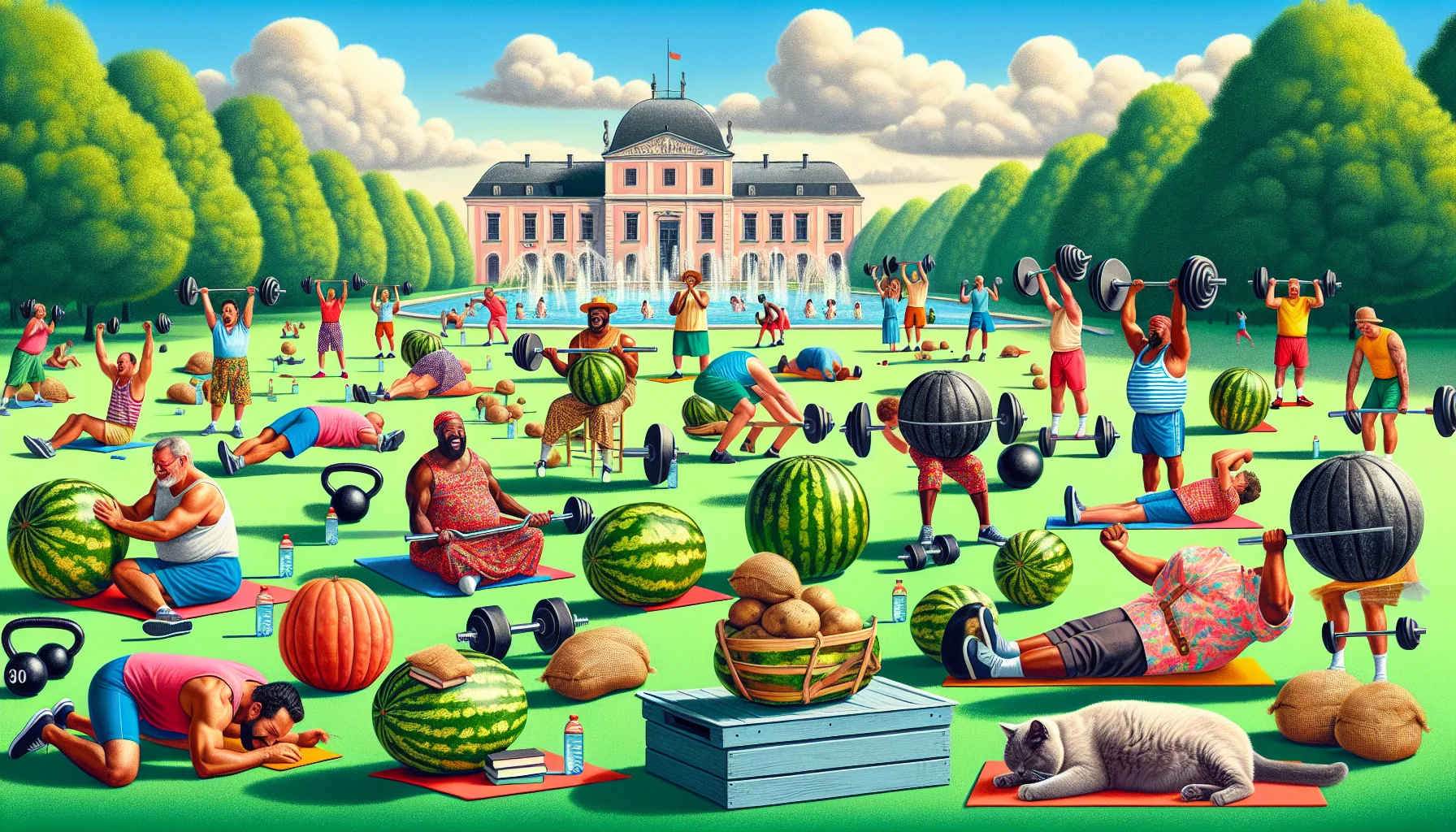 Imagine a picturesque outdoor scenario with a vibrant atmosphere. In the center, a group of hilariously uncoordinated individuals of diverse descents and genders, are attempting weighted calisthenics. The weights aren't conventional dumbbells or kettlebells, but rather everyday objects like watermelons, sacks of potatoes, large books, and a snoring cat. Some individuals are struggling with their watermelon bicep curls, while others are chuckling as they lift sacks of potatoes overhead. The scene fosters an amusing, light-hearted vibe, encouraging and entertaining viewers about the idea of exercise.