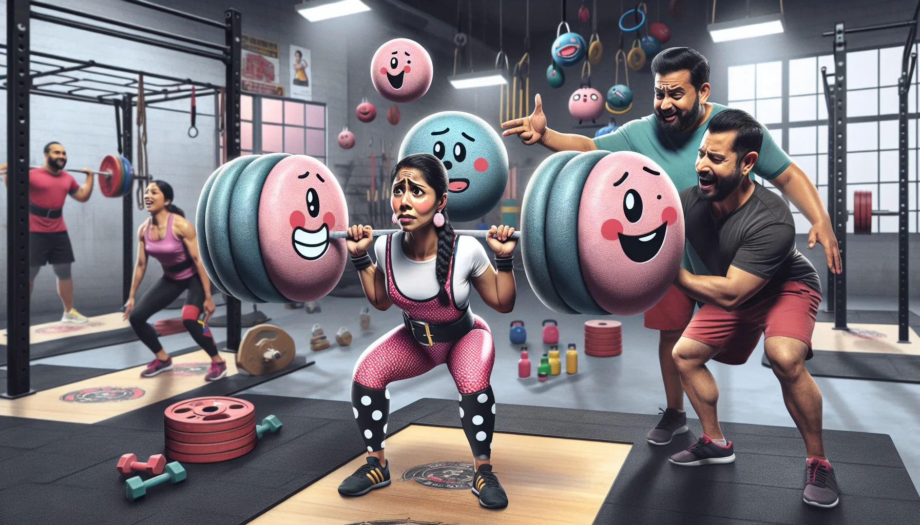 Imagine a scenario where caricatured, stylized weights, shaped like large polka dots, are being humorously used in a powerlifting session. The weights have faces which reflect their own emotions of surprise and amusement. On one side, a strong South Asian female powerlifter is lifting them with determination, her facial expression fraught with effort but also with a thin smile. On the other side, a Hispanic male trainer is trying to suppress laughter, pointing at the weights and making a 'thumbs up' sign to motivate her. The background is filled with gym equipment and other powerlifters of various descents and genders, carrying out their exercises while stifling laughter. Remember, the aim is to inspire and make exercising look fun.
