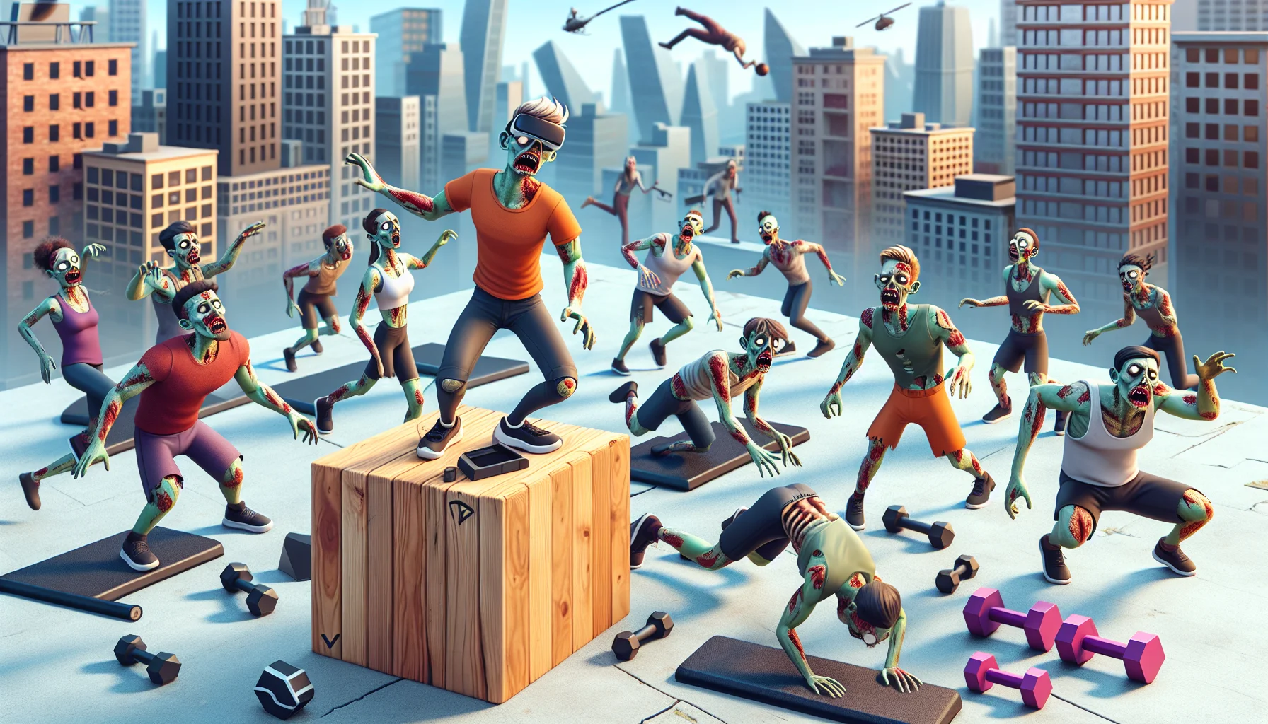 Craft a lively and funny scene that features a virtual reality game concept, where players, who are represented as animated zombies of various descents, are participating in thrilling parkour activities. Highlight their athletic abilities, with agile movements and stunts across urban environments full of challenges. This absurd and humorous setting is meant to encourage physical exercise, so incorporate elements related to health and fitness, such as jogger zombies or zombies doing push-ups. Make sure the atmosphere is light-hearted and enticing rather than scary.