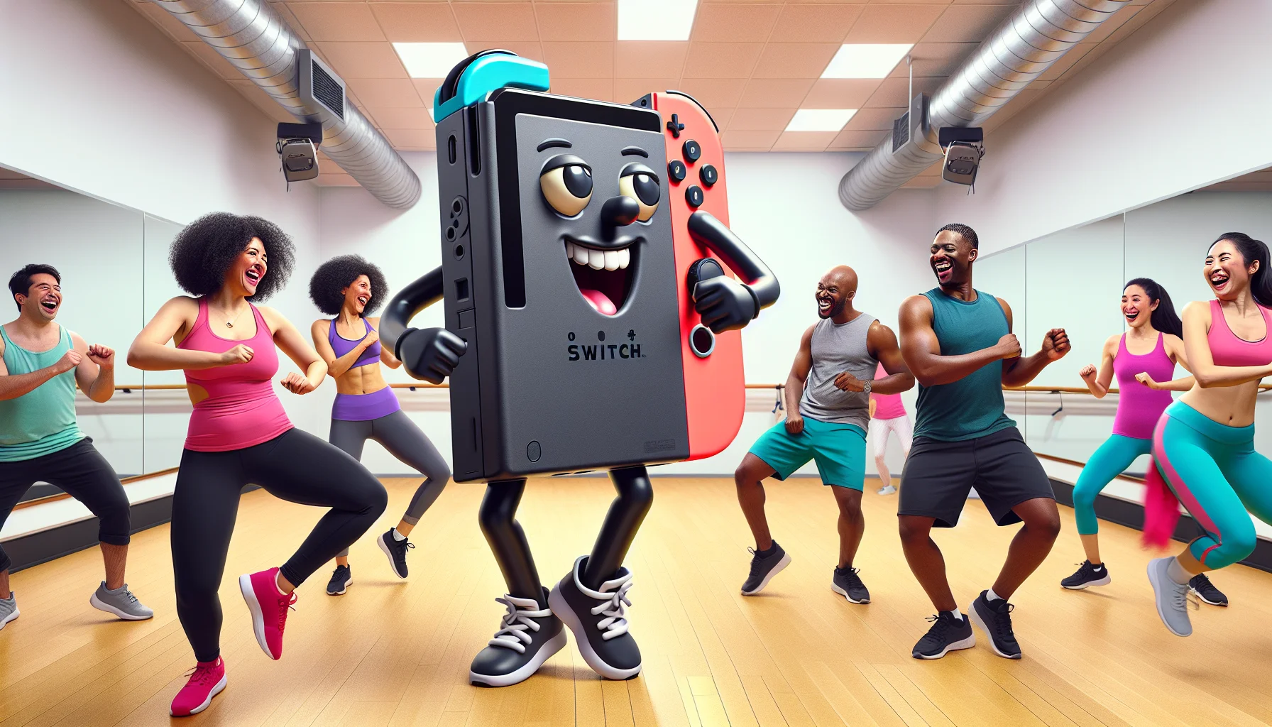 Visualize a humorous scene where an oversized, cartoonish Nintendo Switch is acting as a Zumba instructor. The console itself has an anthropomorphized face and is energetically demonstrating various Zumba dance moves, legs and arms moving rhythmically to an implied beat. There are a group of different people comprising of a South Asian woman, Black man, White male and a Middle Eastern female, all laughing and trying to keep up with the routine. The background is a vibrant fitness studio, with large mirrors and bright colored mats.