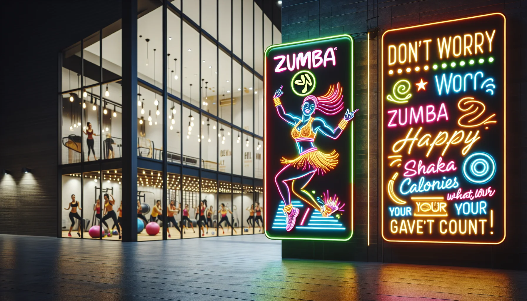 Create an entertaining and realistic image that showcases a neon signboard in the shape of a zumba dancer. This signboard is hanging outside of a lively gym with floor-to-ceiling glass windows, bright lights and fitness equipment in the background. The dancer on the signboard is animate, making classic Zumba moves with energy and rhythm. Around the dancer, there are various hilarious Zumba-themed quotes such as 'Don't Worry, Zumba Happy', 'Zumba Calories Don’t Count!', and 'Shake What Your Zumba Gave You!' These quotes are depicted creatively and humorously, intended to inspire people to enjoy exercising.