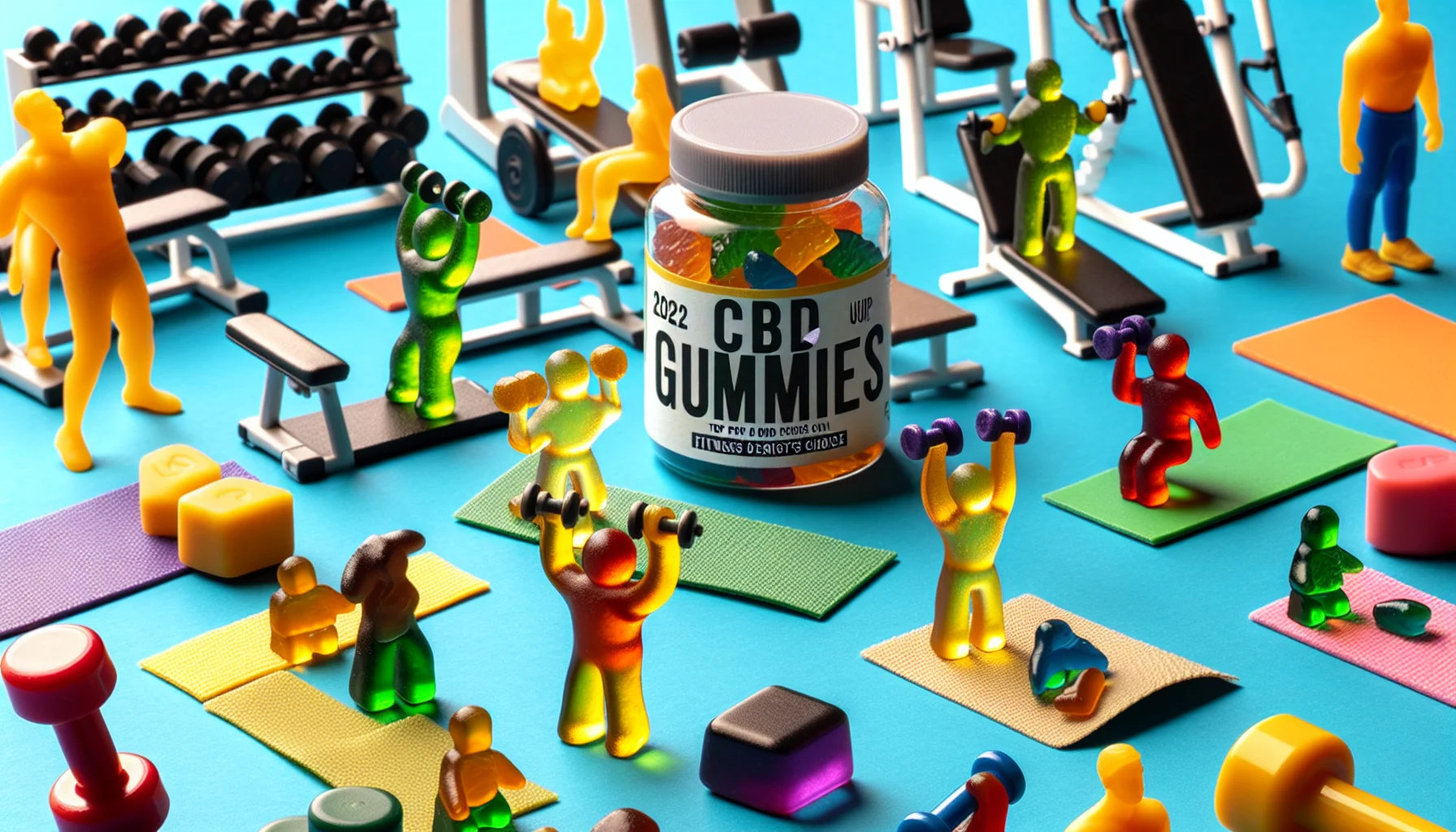 Create a detailed image showcasing a selection of top CBD gummies, labelled as the '2022 UK Fitness Enthusiast's Choice'. The image has a humorous touch: we see the gummies lifting tiny, proportionally accurate dumbbells and doing yoga poses, making it seem as if they're exercising. The CBD gummies should look colourful, attractive, and tempting. The background is filled with typical gym furnishings, like treadmills, weight benches, and yoga mats, all to scale with the 'exercising' gummies. The image should be crafted in a way to entice the viewer to be involved in physical fitness activities.