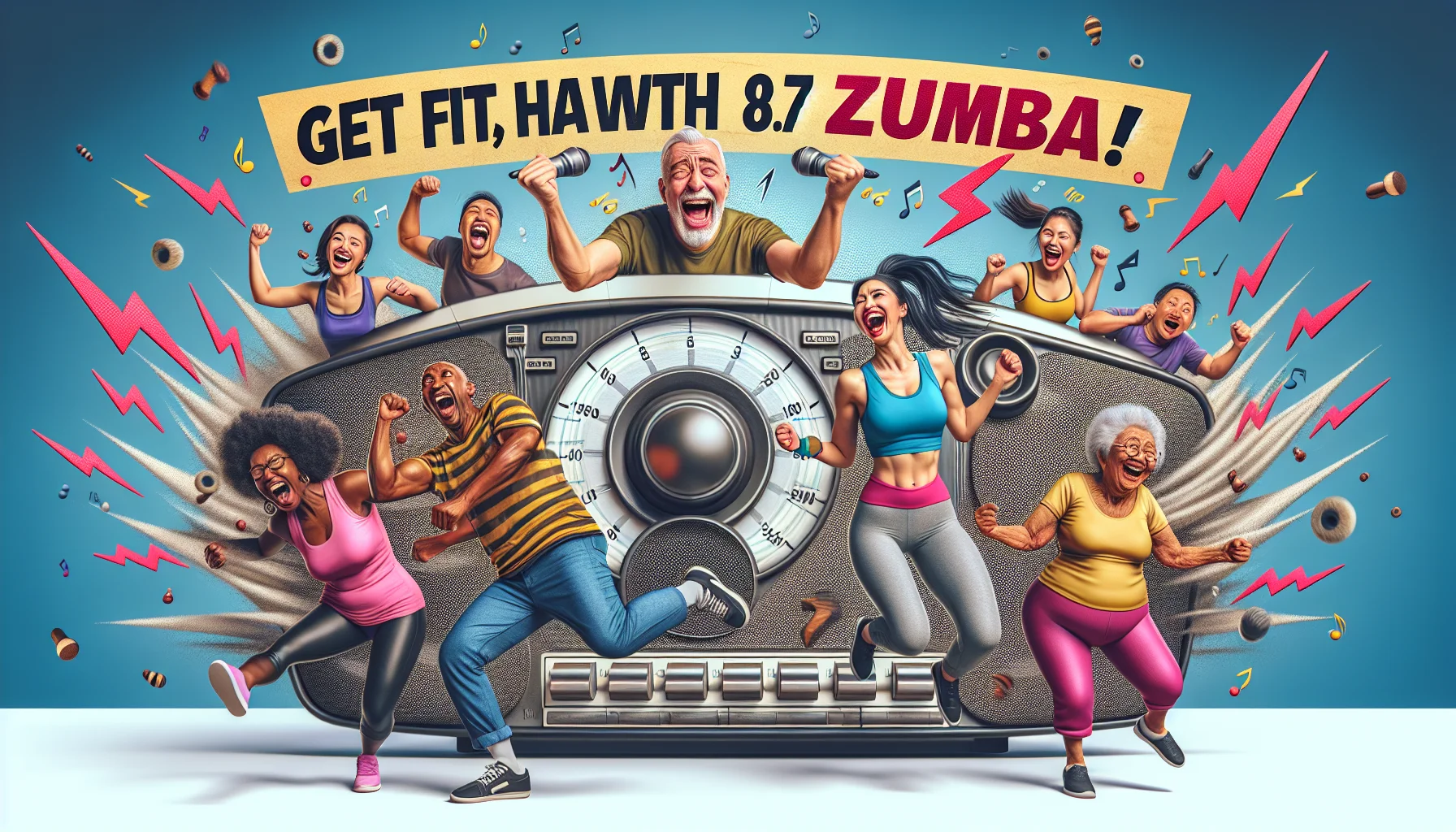 A humorous scenario around a Zumba class broadcasting on a radio station titled 88.7 FM. Capture a diverse display of people - a middle-aged Caucasian man hilariously struggling to keep up with the routine, a young Hispanic woman laughing and dancing with total abandonment, a South Asian elderly woman showing surprising agility, and an African American instructor with an infectious enthusiasm. The radio's sound waves should be visible, transforming into lively, energetic forms symbolizing movement and dance. A bold, catchy headline like 'Get Fit, Have Fun with 88.7 Zumba!' encourages people to join.