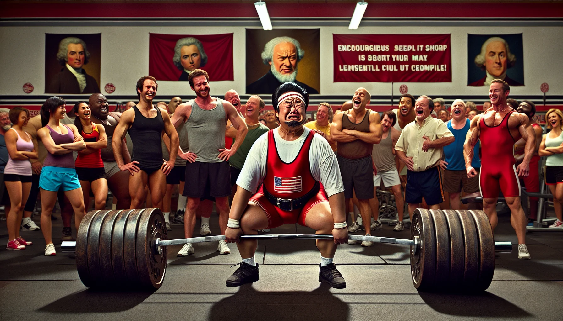 An amusing image of a powerlifting scenario in a typical American gym. In the spotlight, a middle-aged South-Asian man wearing a red powerlifting suit, grapples with a massive barbell laden with equally massive weights. His facial expression shows deep concentration intermixed with mild struggle, unintentionally mimicking a renowned classical sculpture. Surrounding him, onlookers of various descents and genders look amused, some laughing while others display exaggerated expressions of surprise. Fitness equipment is scattered around the room. Encouraging banners hang from the gym walls, offering humorous phrases to inspire gym-goers towards exercise and fitness.