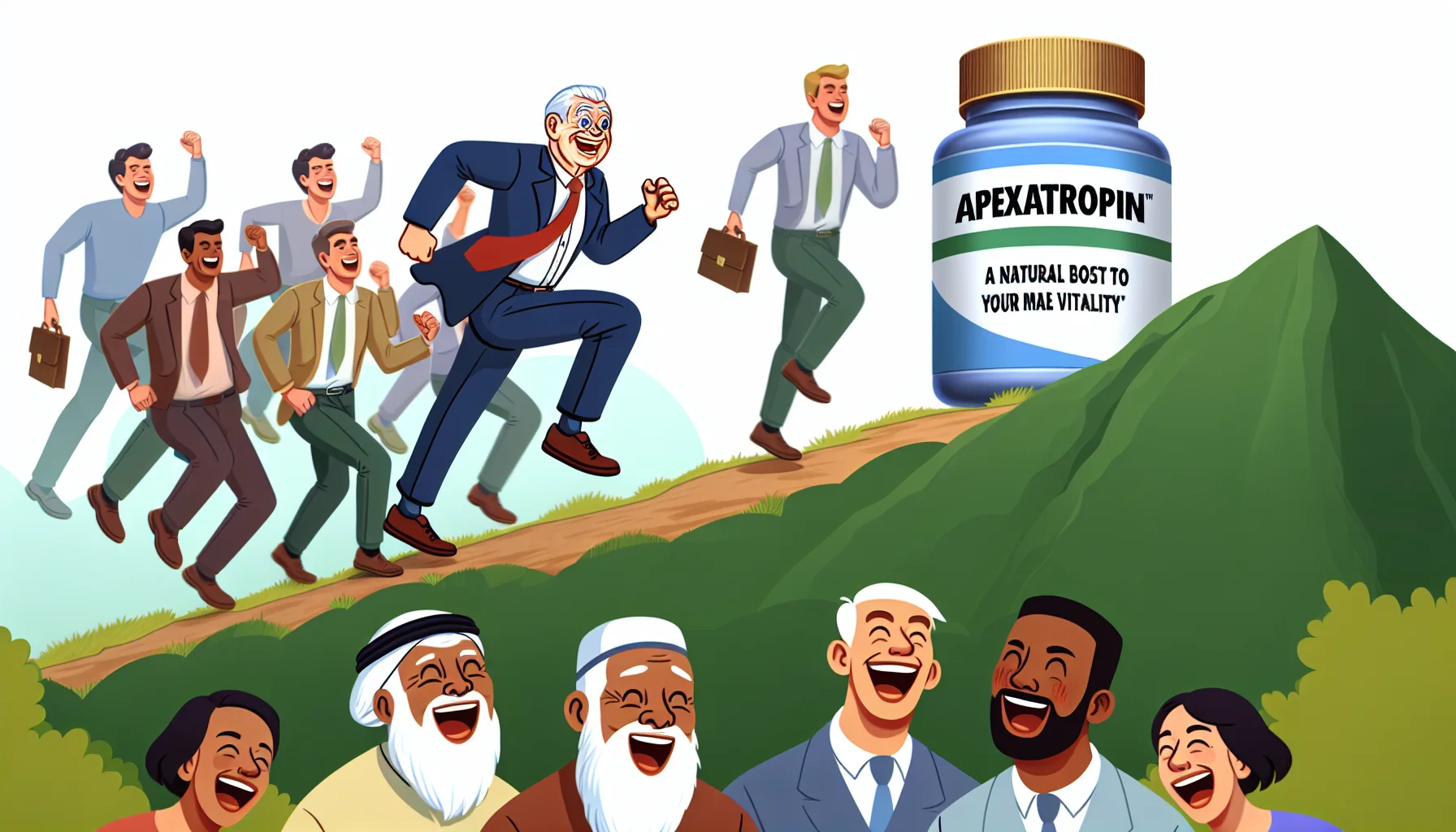 Illustrate a humorous scene where a product labelled 'Apexatropin: A Natural Boost to Your Male Vitality' is placed at the top of a hill. Nearby, an older, Caucasian gentleman is enthusiastically running up the hill, looking determined yet playful. In the foreground, a group of laughing spectators from different descents like Hispanic, Middle-Eastern, and South Asian are watching and cheering on. Create an environment that metaphorically suggests the effort of regular exercise while also maintaining a light and enticing tone.