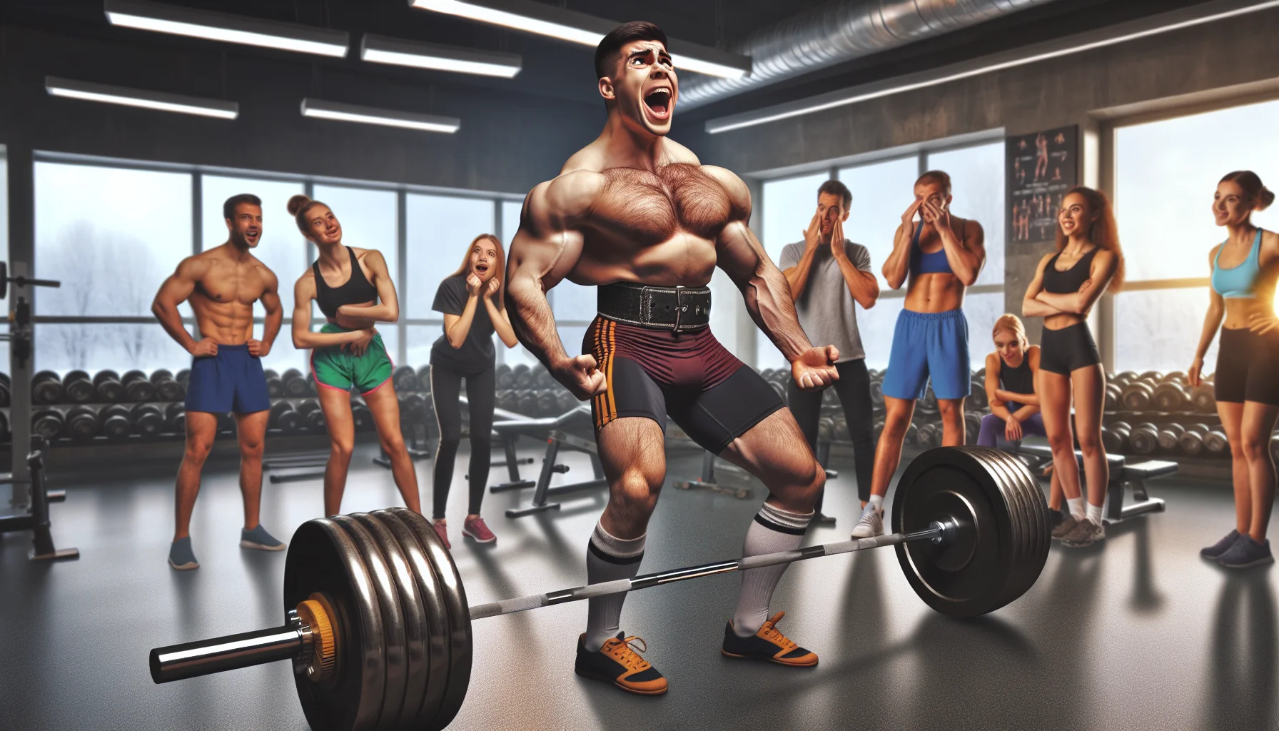 Create a realistic image showcasing a powerlifter with a physique akin to a professional athlete involved in a humorous scenario that encourages people to workout. The scene could be set within a gym decked with assorted weights and workout equipment, the powerlifter attempting to lift a barbell that's playfully exaggerated in size. Draw attention to the comedic struggle but also the determination and perseverance, paired with bystanders of different genders, ancestries, and body types staring in awe or sharing a light-hearted laugh.