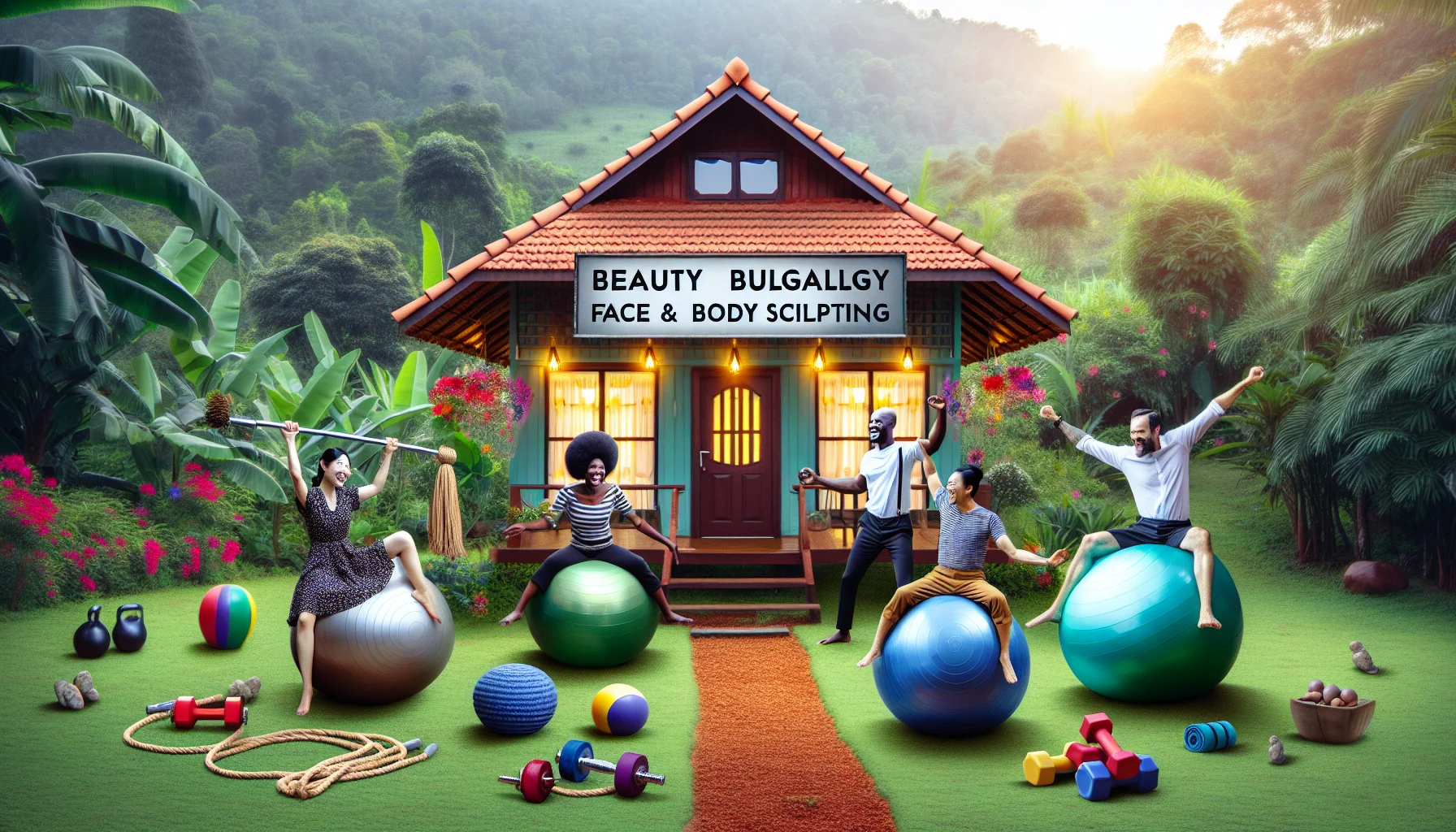 Create a whimsical and appealing image of a quaint bungalow in a tranquil environment, brightly lit. Right in front of the bungalow is a large metallic sign that reads 'Beauty Bungalow - Face & Body Sculpting'. A diverse group (an Asian woman, a Black man, a Caucasian couple) is humorously trying to balance on inflated exercise balls, obviously challenging, yet they are laughing and having a good time. Placed randomly throughout the garden are other exercise equipment like ropes, weights, and yoga mats, showing the different forms of exercises available.