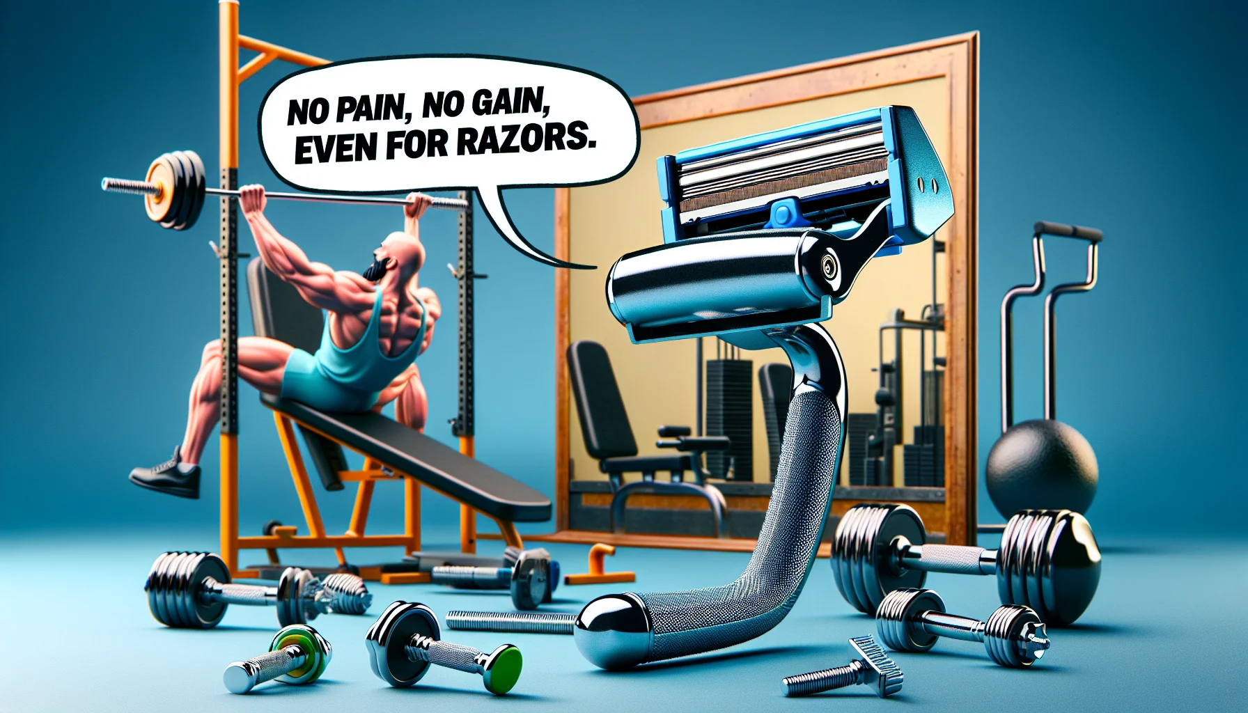 Create a realistic image that presents a scene of a precision shaving razor compared to a fitness regime. The shaving razor should be shown as though it's embarking on an intense workout, using gym equipment such as dumbbells and treadmills, to depict the precision and sharpness of the razor. Simultaneously, include a speech bubble showing a funny comment, something like 'No pain, No gain, even for razors.' This should create an enticing and humorous scenario inviting people to look after their fitness as well as personal grooming.