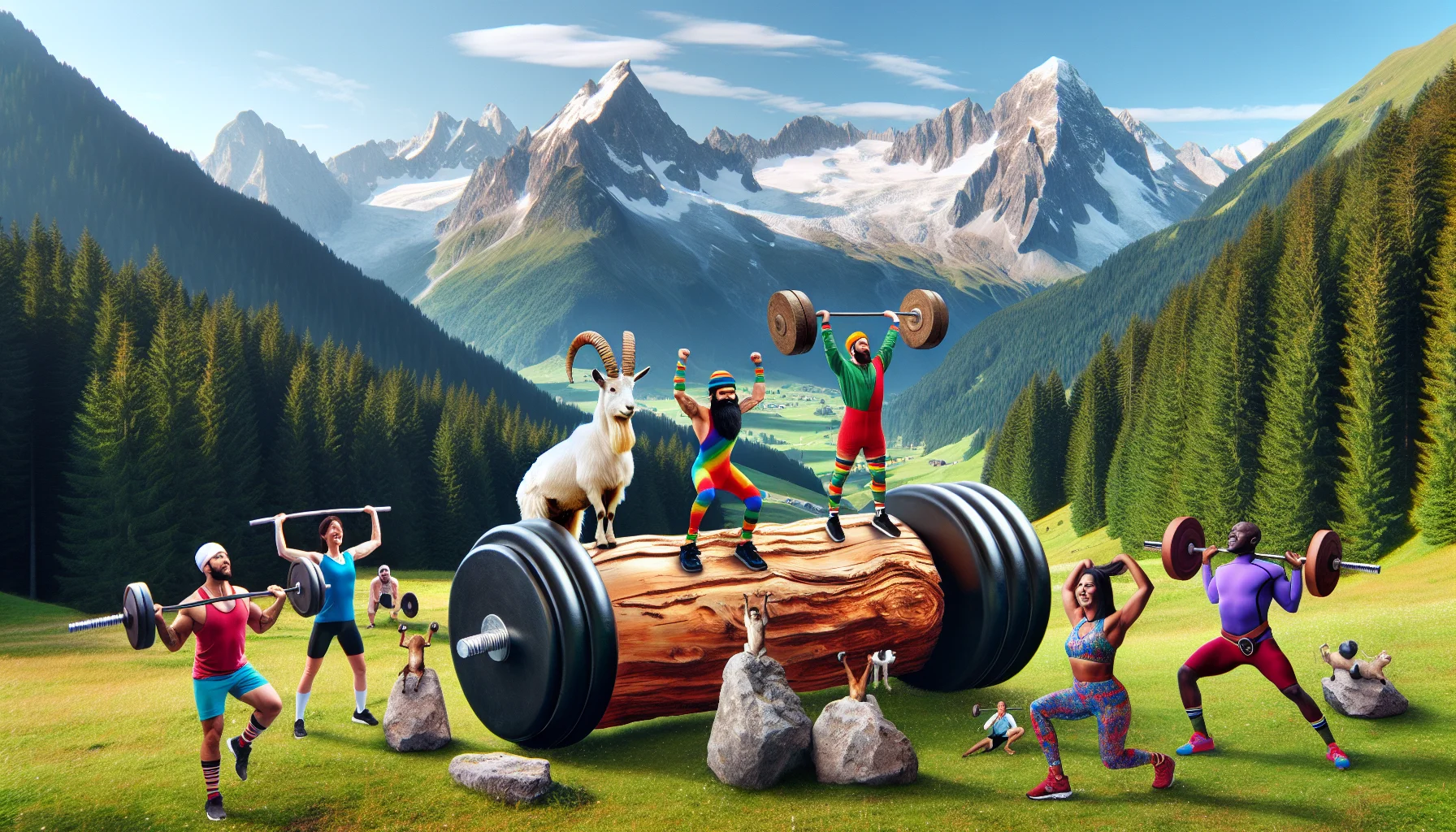 Create a humorous scene that encourages wellness and physical exercise. Picture a scenic Alpine landscape with towering snow-capped mountains and sprawling, lush green valleys. In the foreground, imagine a barbell made from a large, distinctive pine log, with two colossal boulders as weights at each end. Detail a group of different people animatedly attempting to lift the hefty makeshift barbell. Include individuals of varying descents, such as a Middle-Eastern woman, a South Asian man, an Hispanic man and a Black woman, all in vivid exercise gear. Amplify the humor with a mountain goat in fitness attire, acting as their enthusiastic coach.