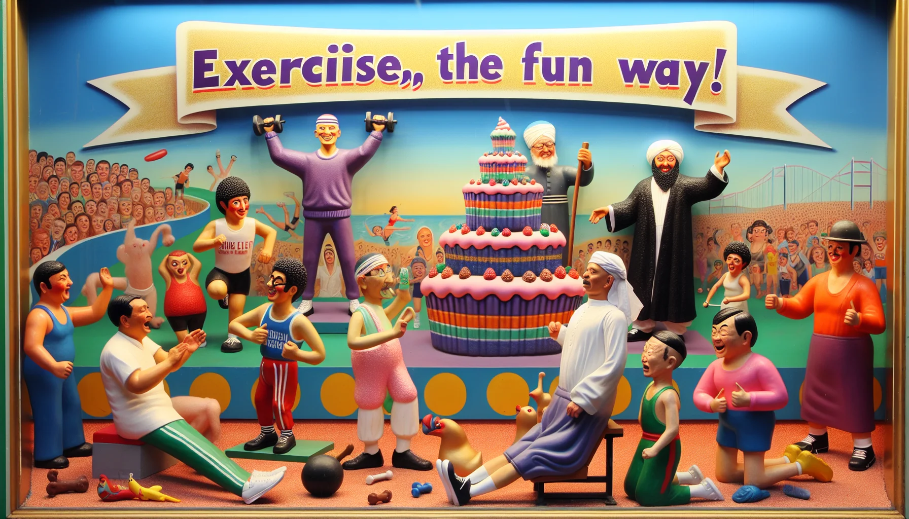 An amusingly whimsical encouragement to exercise, depicted vividly through a lively scene of a gym filled with people of various descents and genders. In the center stage, a Middle-Eastern woman can be seen enthusiastically lifting a barbell sculpted to look like a row of cupcakes, while a Caucasian man next to her is trying to do sit-ups but is humorously tripped up by his own shoelaces. On the other side, an East Asian man is seen doing jumping jacks while balancing a rubber chicken on his head. A humorous banner sings above: 'Exercise, the fun way!'