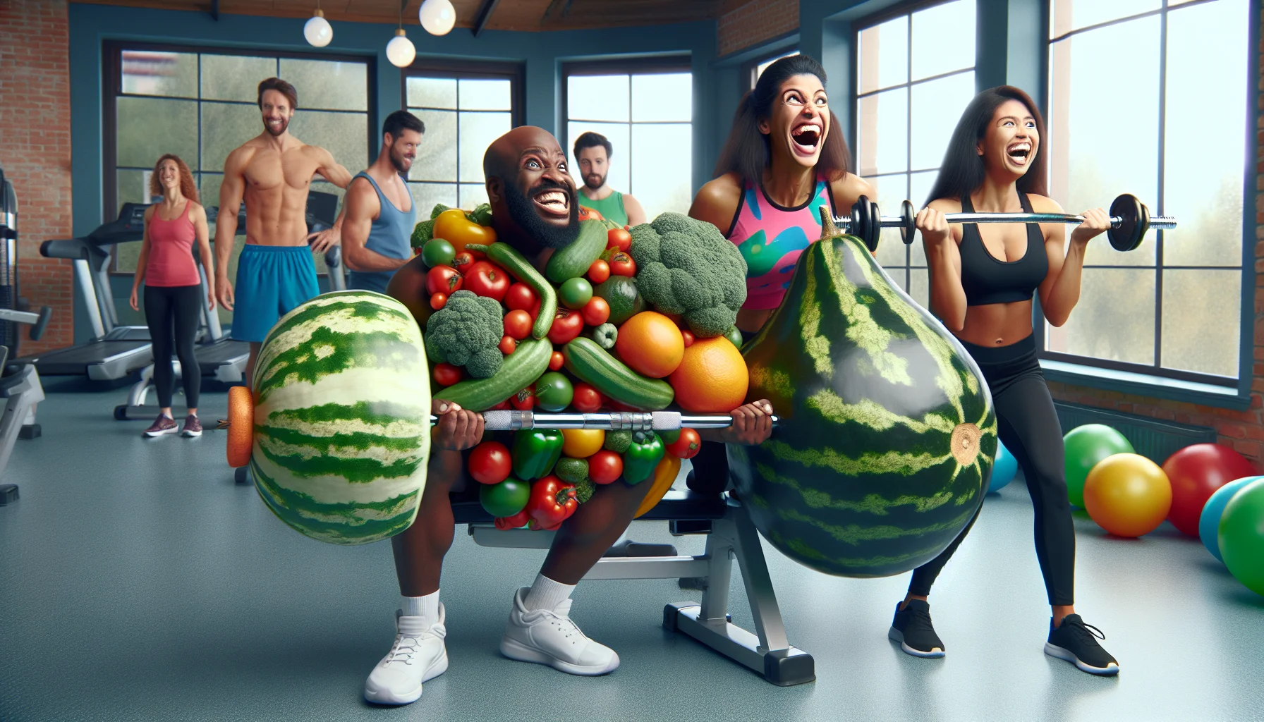Create a comical and engaging image representative of body sculpting diets and the allure of exercise. It could illustrate a goofy scenario where a Hispanic man and a Black woman are at a gym, lifting weights made out of gigantic vegetables and fruits. They're wearing colorful gym clothes, straining and laughing as they struggle to lift these oversized 'dumbbells'. In the background, other gym-goers look on, with expressions ranging from amused to inspired. The overall tone should be playful, humorous, and motivating, showcasing the lighter side of attending to physical fitness and diet.