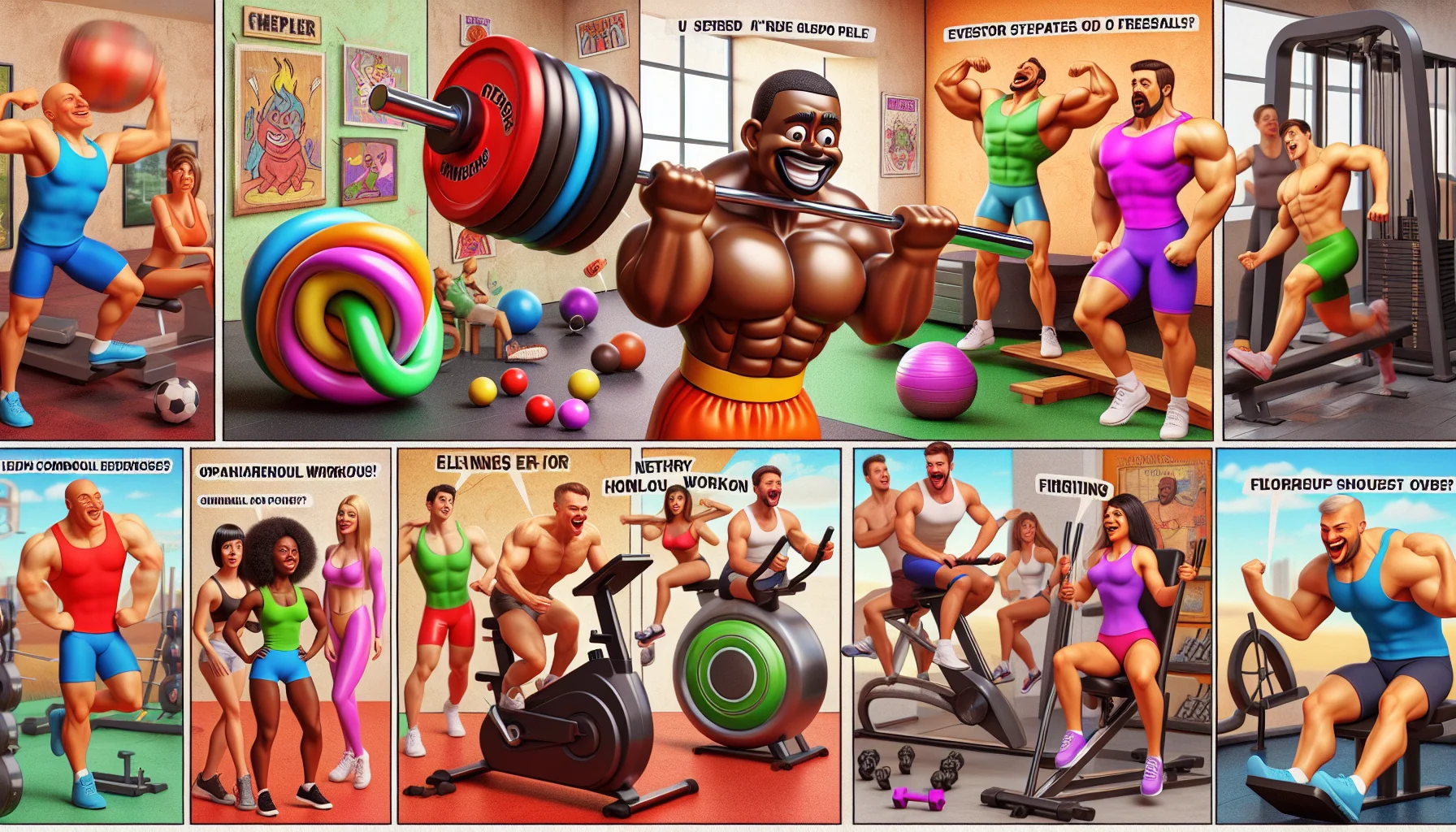 A humorous setting in a local gym with a focus on body sculpting. Imagine a colourful view of various exercise machines and free weights. Amongst them, an animated barbell, with a face drawn on it appears to be straining hard as it 'lifts' human-shaped weights with exaggerated muscles. Nearby, an exercise bike is depicted as having wheels that are spinning so fast they have ignited a tiny harmless flame, implying an extreme cardio workout. Different types of people are seen laughing and enjoying the humorous elements while engaging in their workouts. Represent people of varied genders and descents, such as a Black woman and a Hispanic man, nebulously contributing to the lively scene.