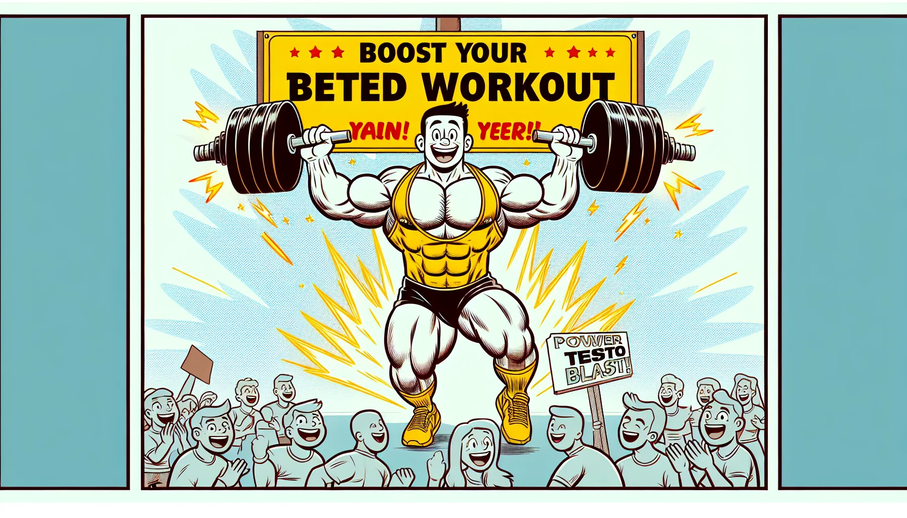 Imagine a comical yet motivating scenario that encourages fitness activities. Picture an exaggeratedly muscular cartoon character happily lifting heavy weights, with the words 'Boost Your Workout' arched overhead in bold letters. Underneath the exercising character, display the phrase 'Power Testo Blast' glowing impressively. To complete the scene, illustrate a crowd of varying gender and descent, all laughing and cheering enthusiastically, motivated by the sight.